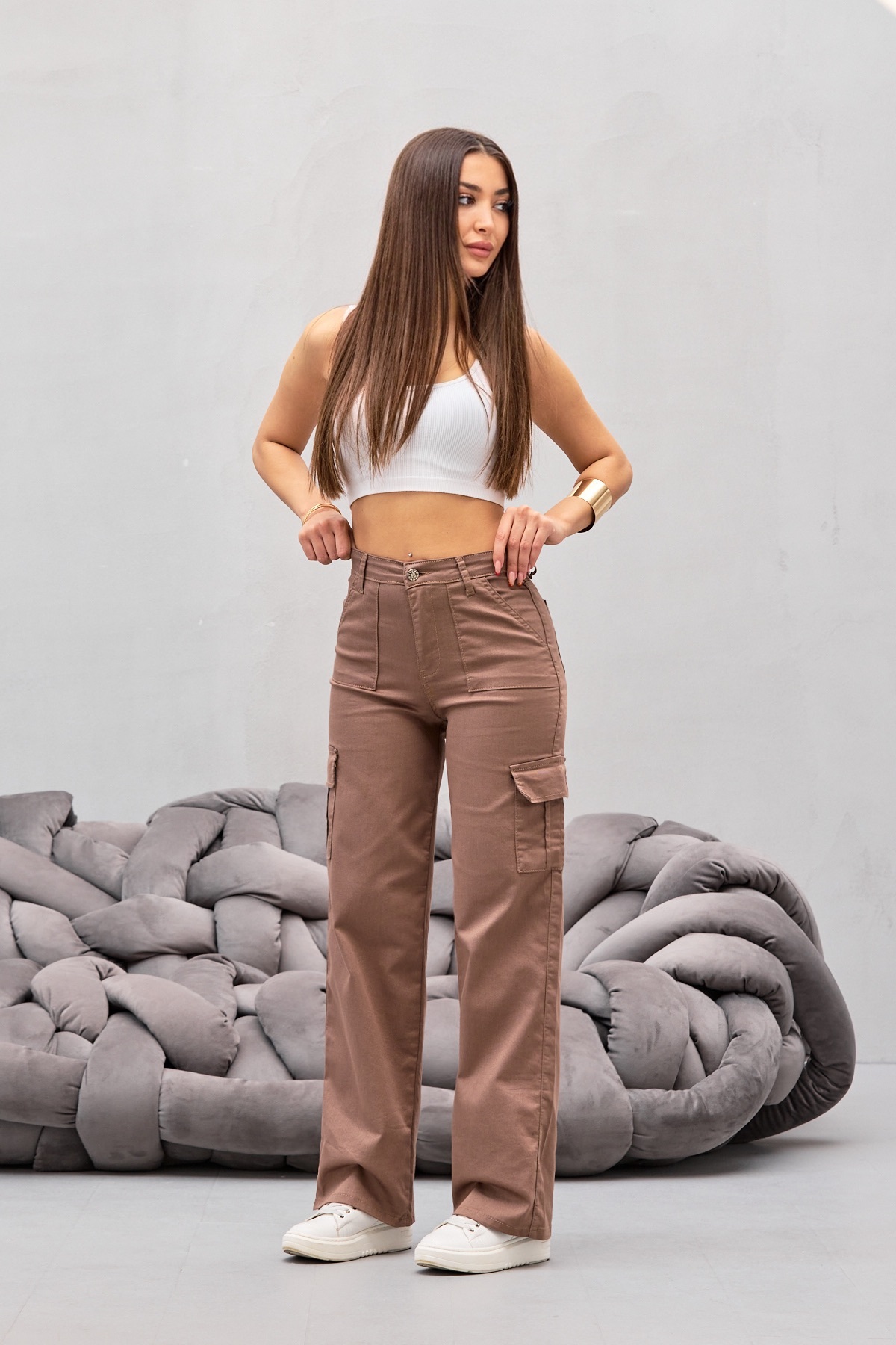 VİZON Kargo Cepli Likralı Yüksek Bel Wide Leg Pantolon 5