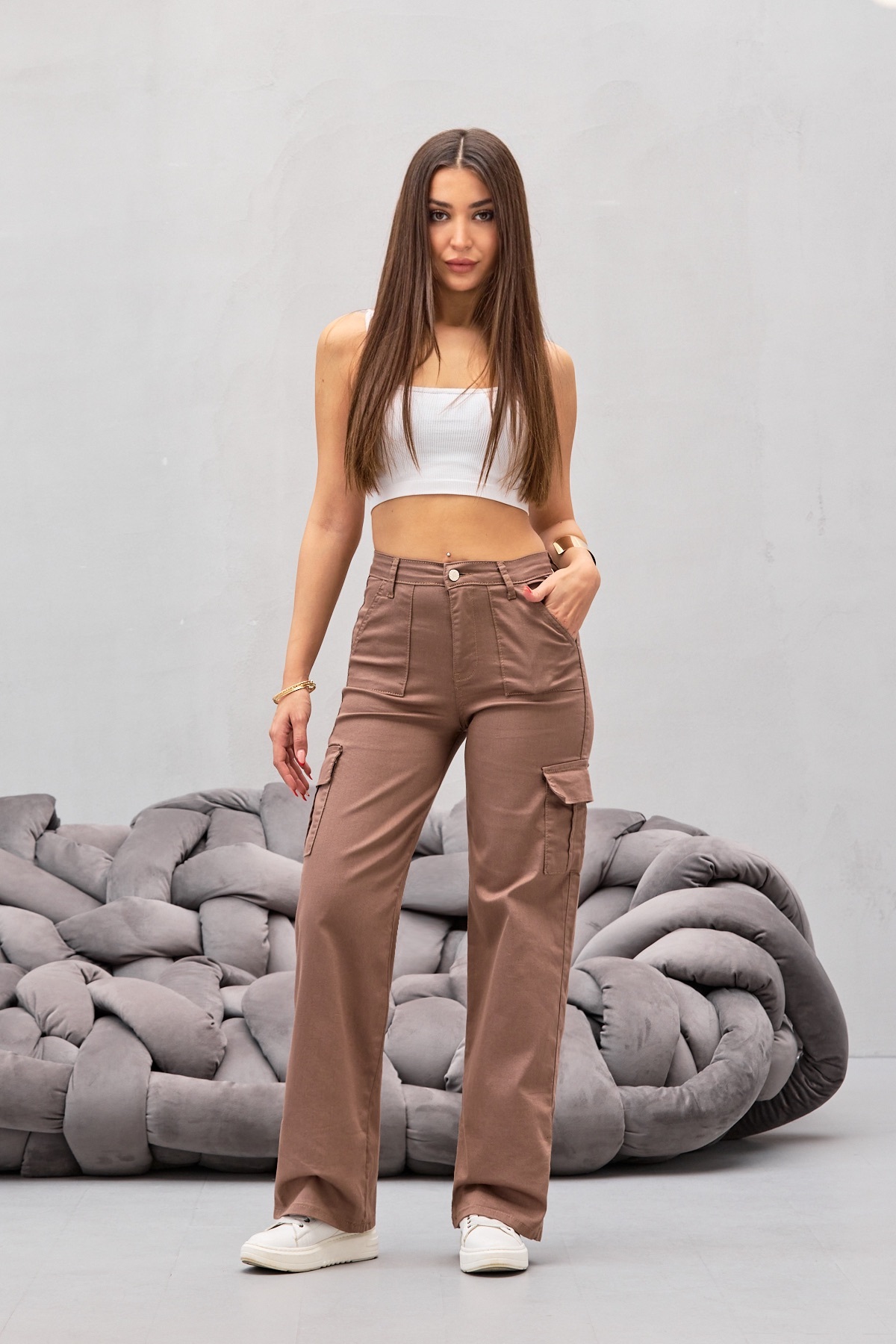 VİZON Kargo Cepli Likralı Yüksek Bel Wide Leg Pantolon 4