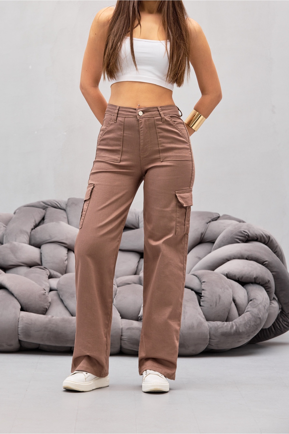 VİZON Kargo Cepli Likralı Yüksek Bel Wide Leg Pantolon 6