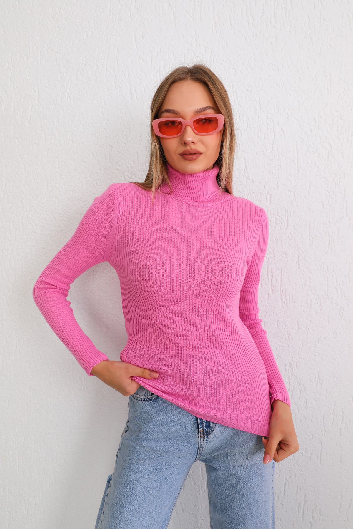 Kadın Şeker Pembe Likralı Esnek Boğazlı Triko Kazak 6