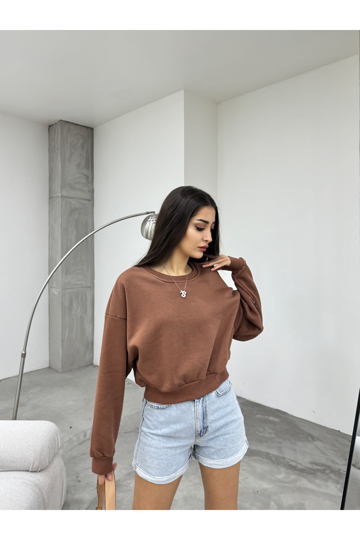 Kadın Kahverengi Oversize Crop Sweatshirt 5