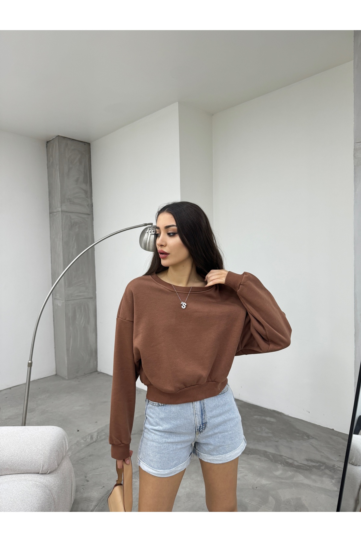 Kadın Kahverengi Oversize Crop Sweatshirt 4