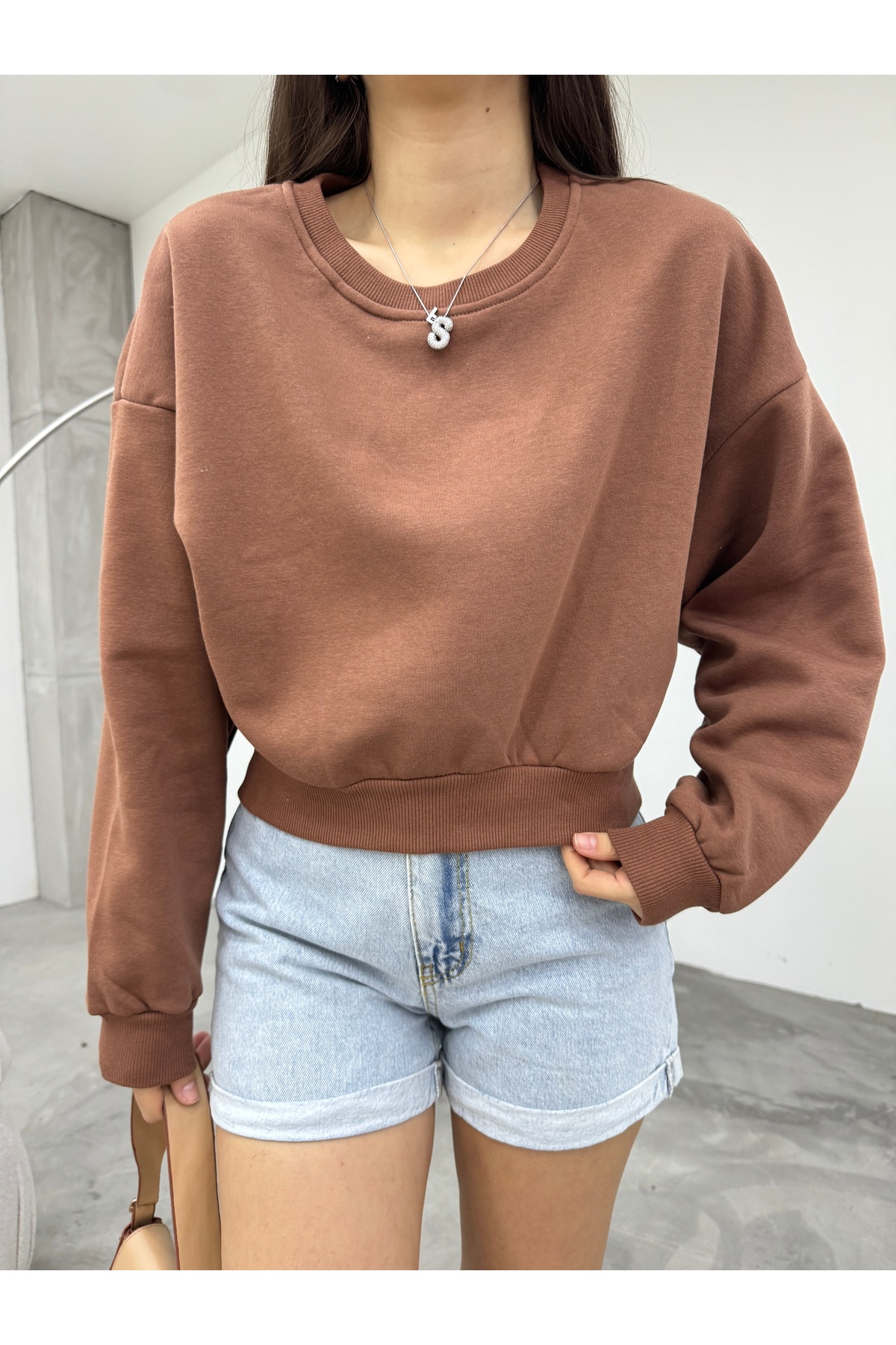 Kadın Kahverengi Oversize Crop Sweatshirt 7