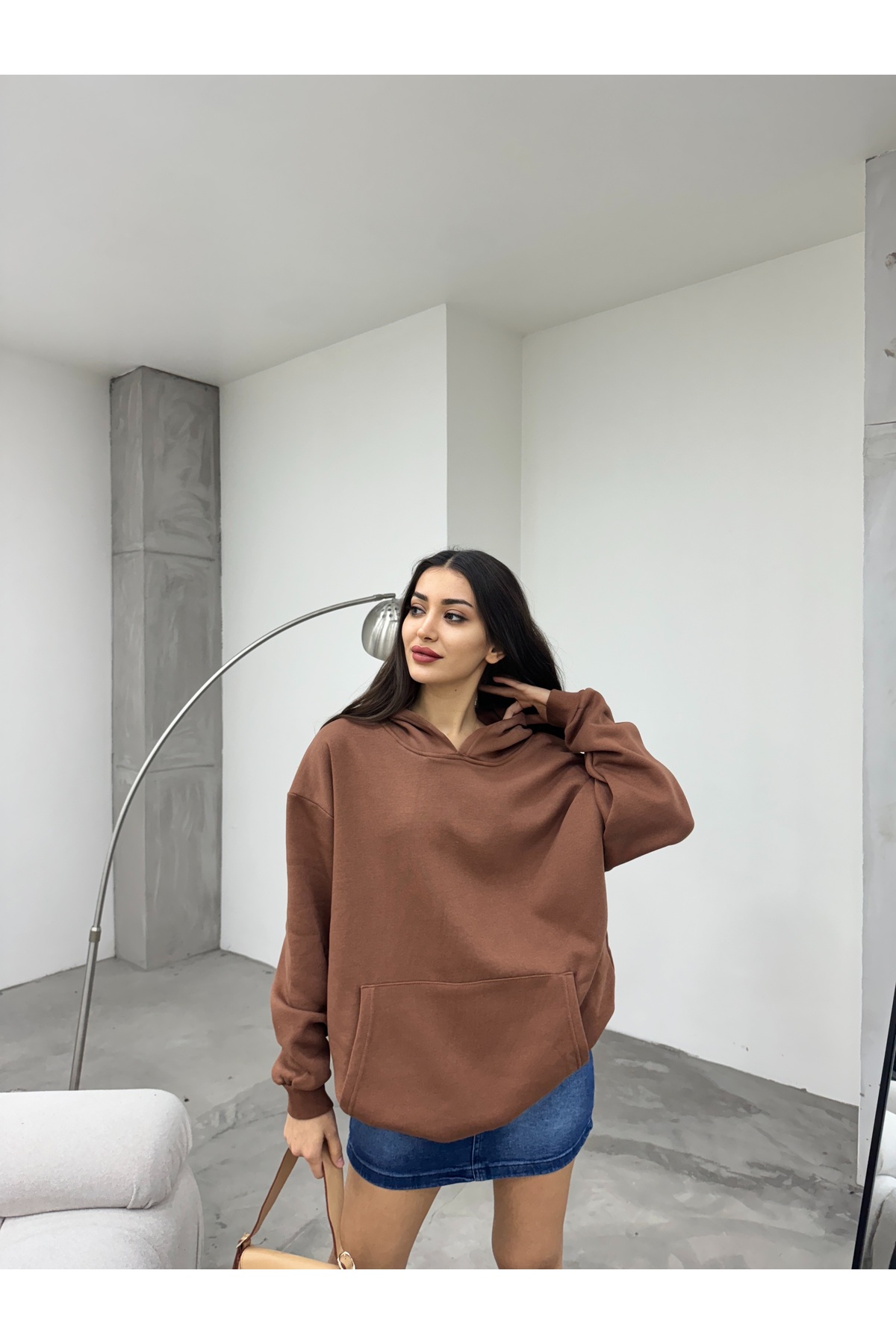 Kadın Kahverengi Oversize Şardonlu Üç İplik Kapüşonlu Sweatshirt 5