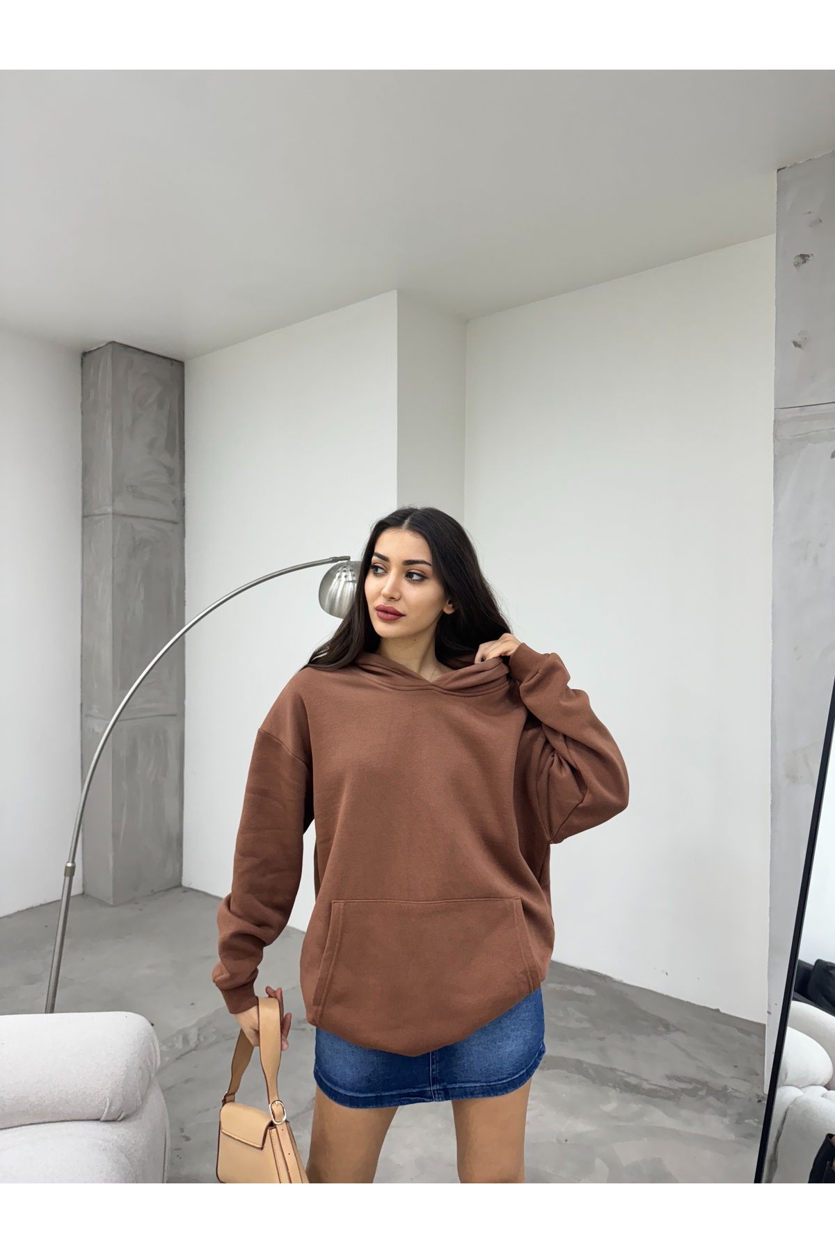Kadın Kahverengi Oversize Şardonlu Üç İplik Kapüşonlu Sweatshirt 6