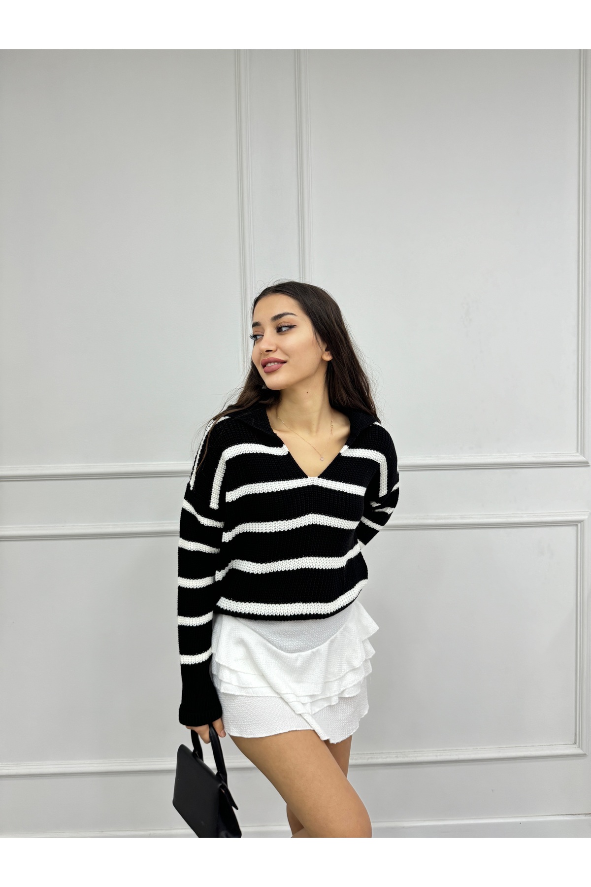 Kadın Siyah Polo Yaka Çizgili Kalın Triko Kazak 8