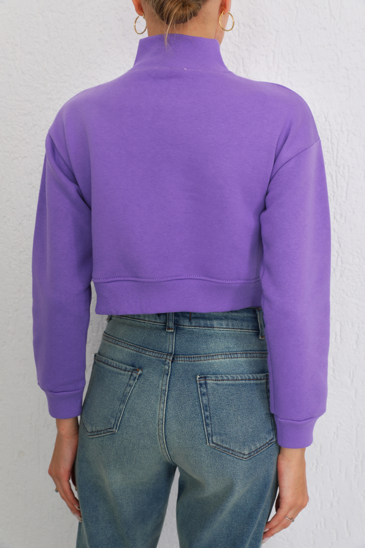 Kadın Mor Fermuarlı Kalın İçi Polarlı Örme Sweatshirt Crop 7