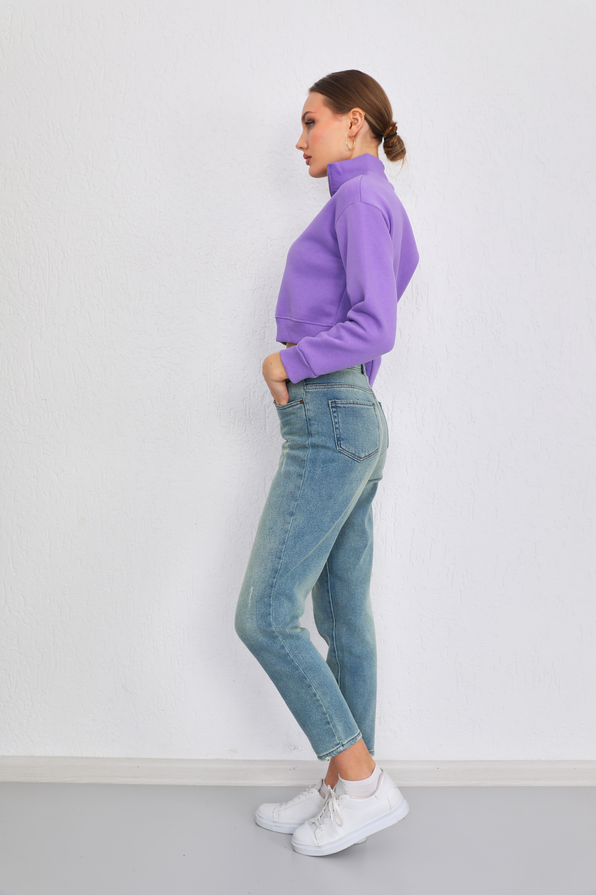Kadın Mor Fermuarlı Kalın İçi Polarlı Örme Sweatshirt Crop 4