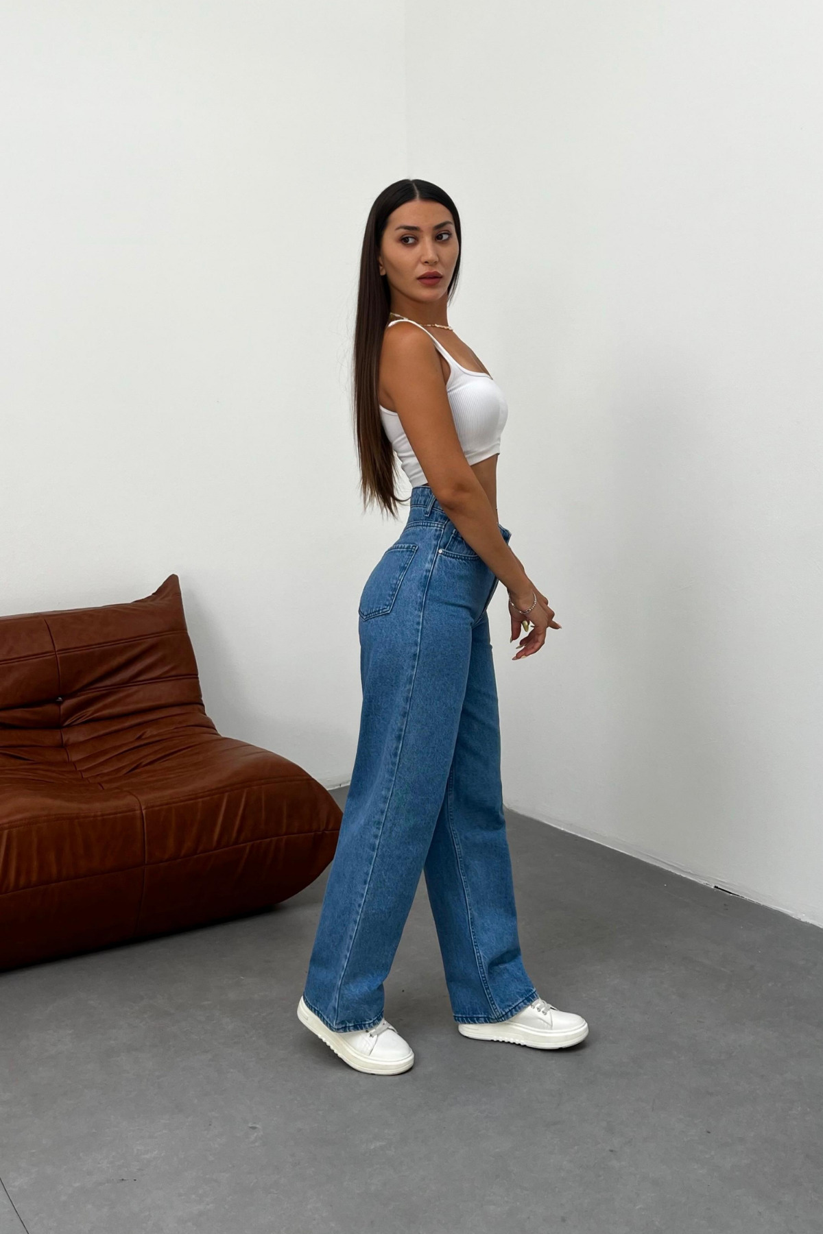 Kadın Koyu Mavi Soluk Efekt Likralı Yüksek Bel Geniş Paça Bol,Salaş Palazzo Jeans 5