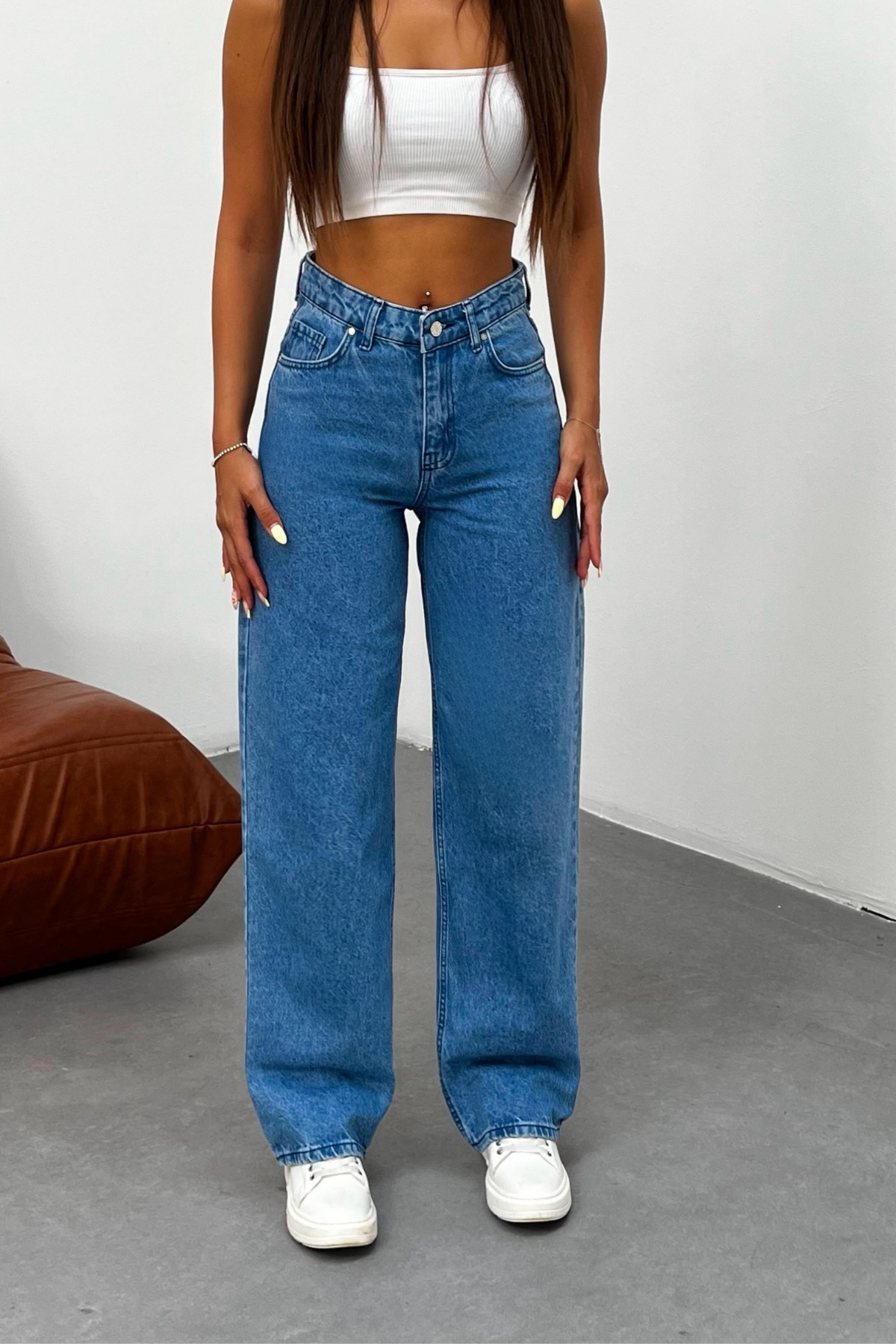Kadın Koyu Mavi Soluk Efekt Likralı Yüksek Bel Geniş Paça Bol,Salaş Palazzo Jeans 4