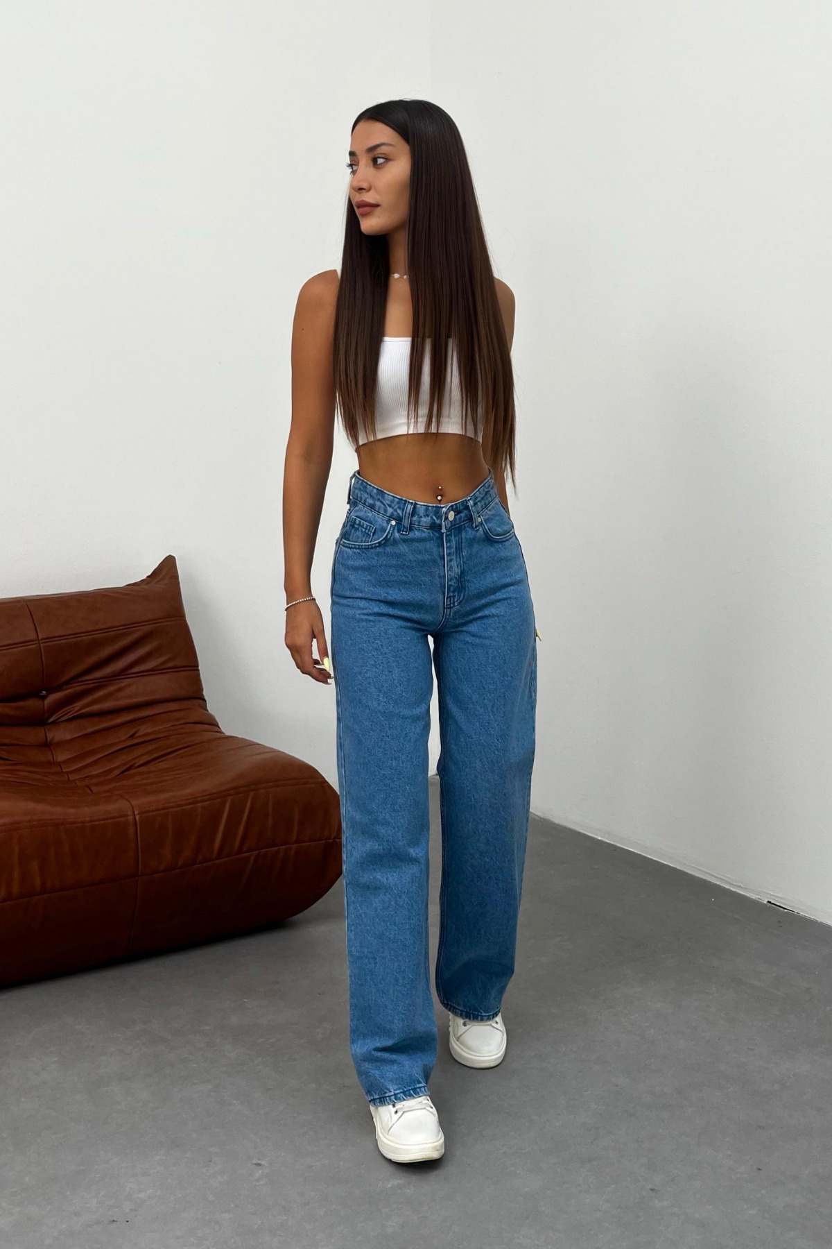 Kadın Koyu Mavi Soluk Efekt Likralı Yüksek Bel Geniş Paça Bol,Salaş Palazzo Jeans 6