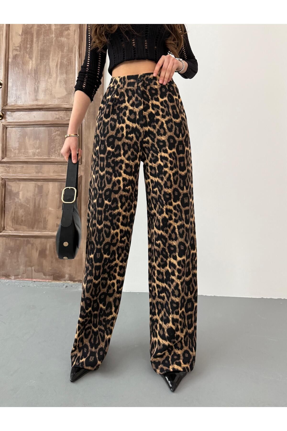 Kadın Leopar Kumaş  Likralı Palazzo Salaş Geniş Paça Pantolon Kahve Leopar 3