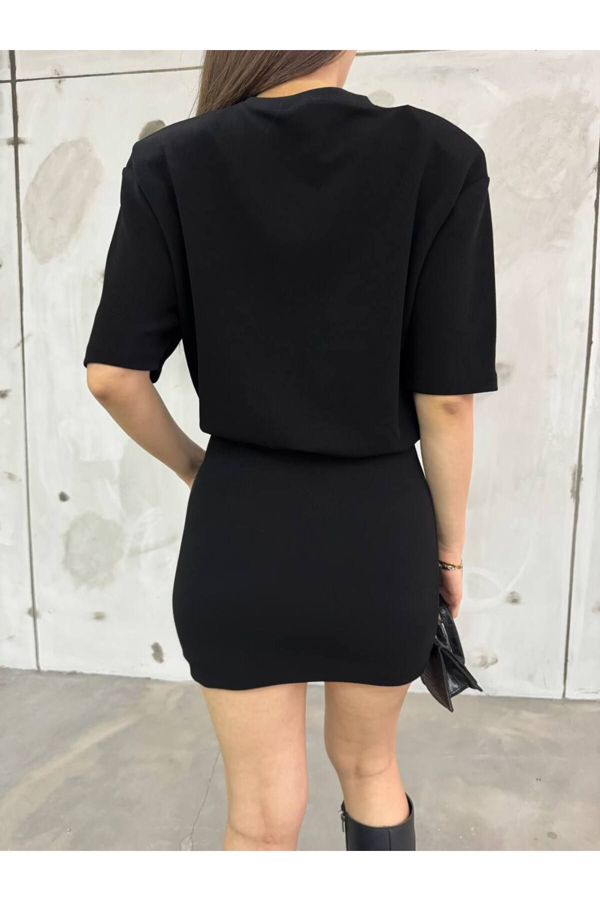 Kadın Casey Premium Vatkalı T-shirt Mini Elbise Siyah 3