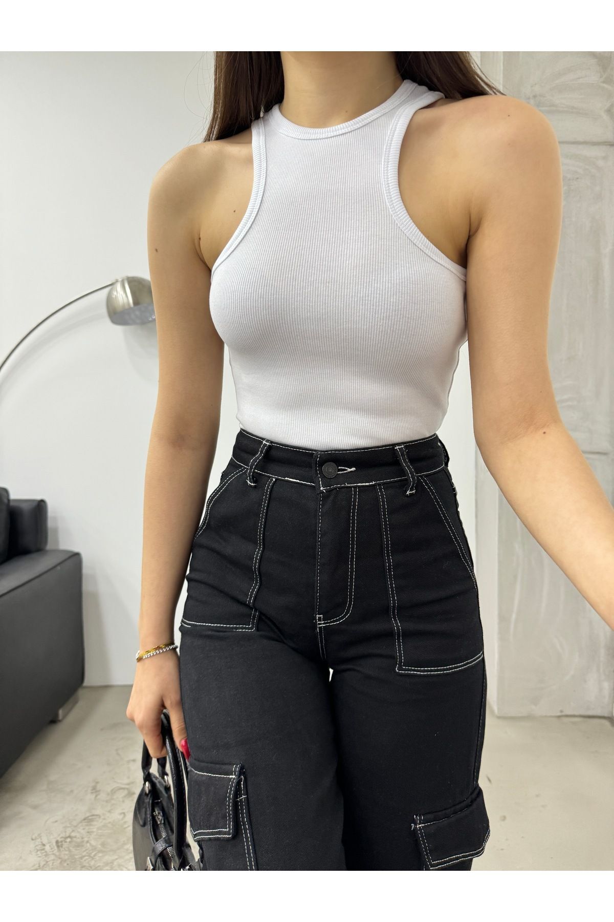 Kadın Fitilli Halter Yaka Fitted/Vücuda Oturan Sıfır Kol Bluz Beyaz 5
