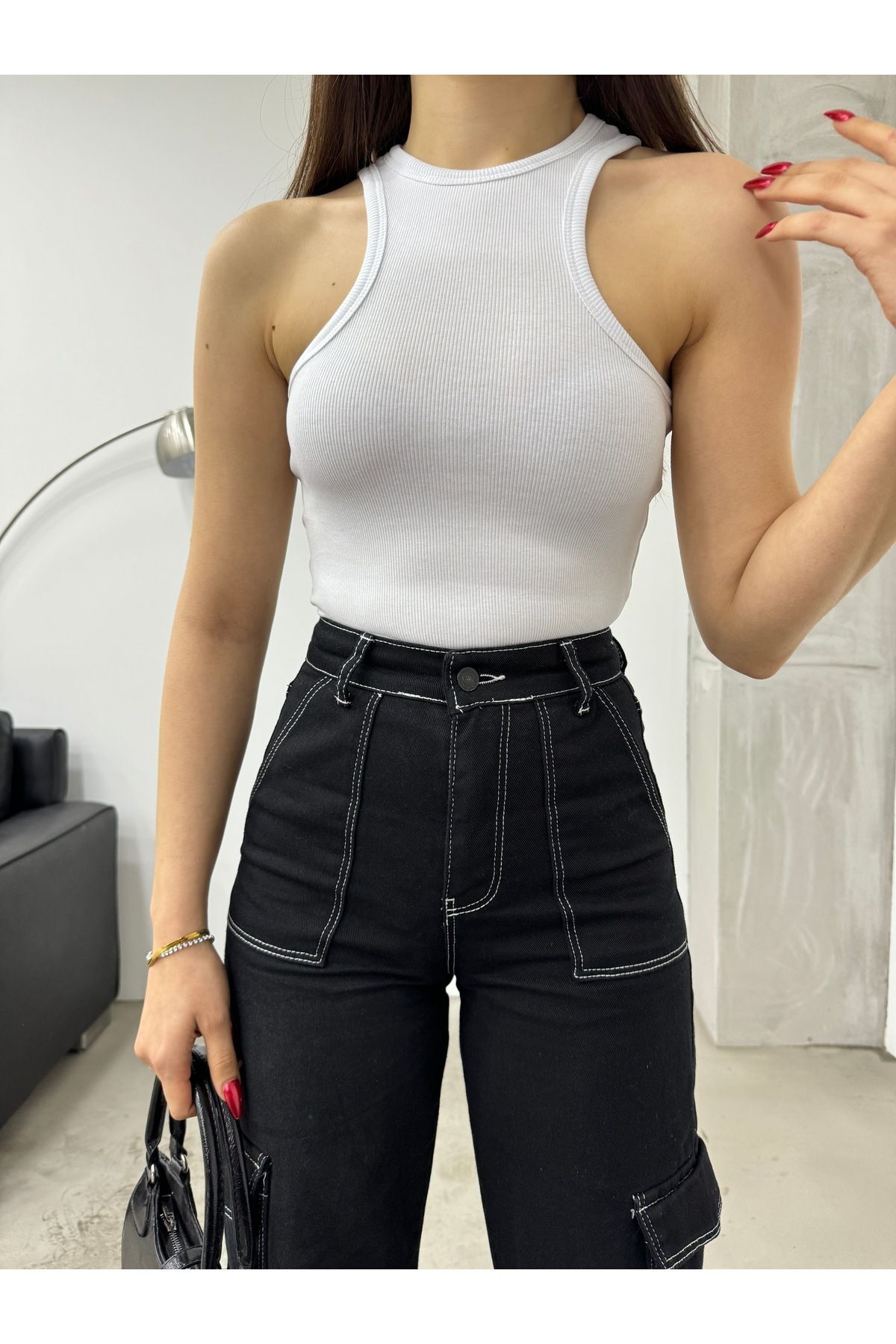 Kadın Fitilli Halter Yaka Fitted/Vücuda Oturan Sıfır Kol Bluz Beyaz 6
