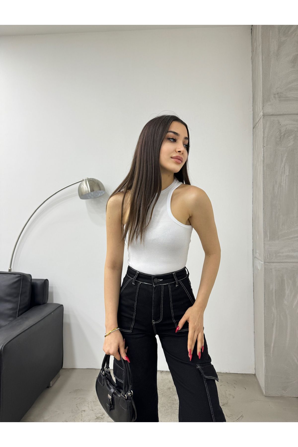 Kadın Fitilli Halter Yaka Fitted/Vücuda Oturan Sıfır Kol Bluz Beyaz 4