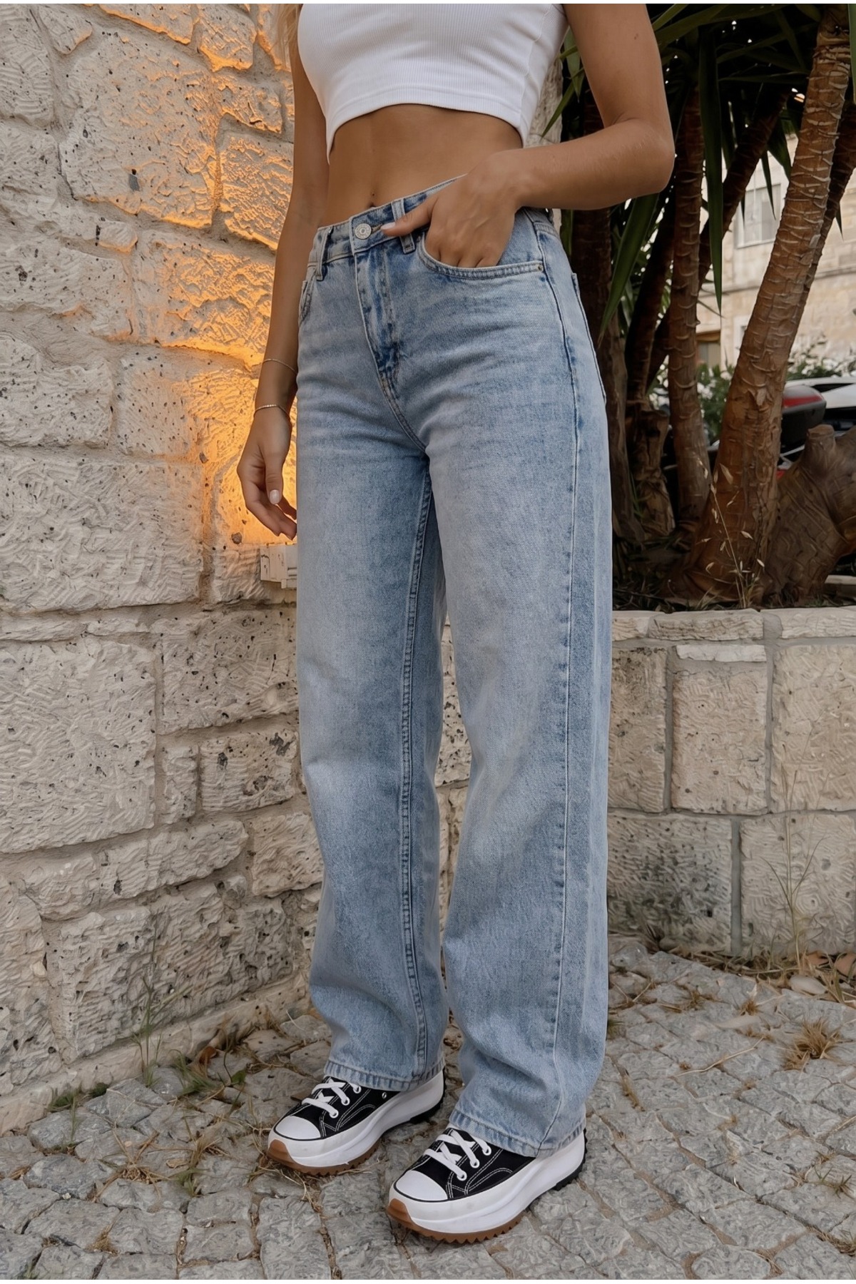 Kadın Vintage Efektli Yüksek Bel Esnek Wide Leg Jeans Mavi 4