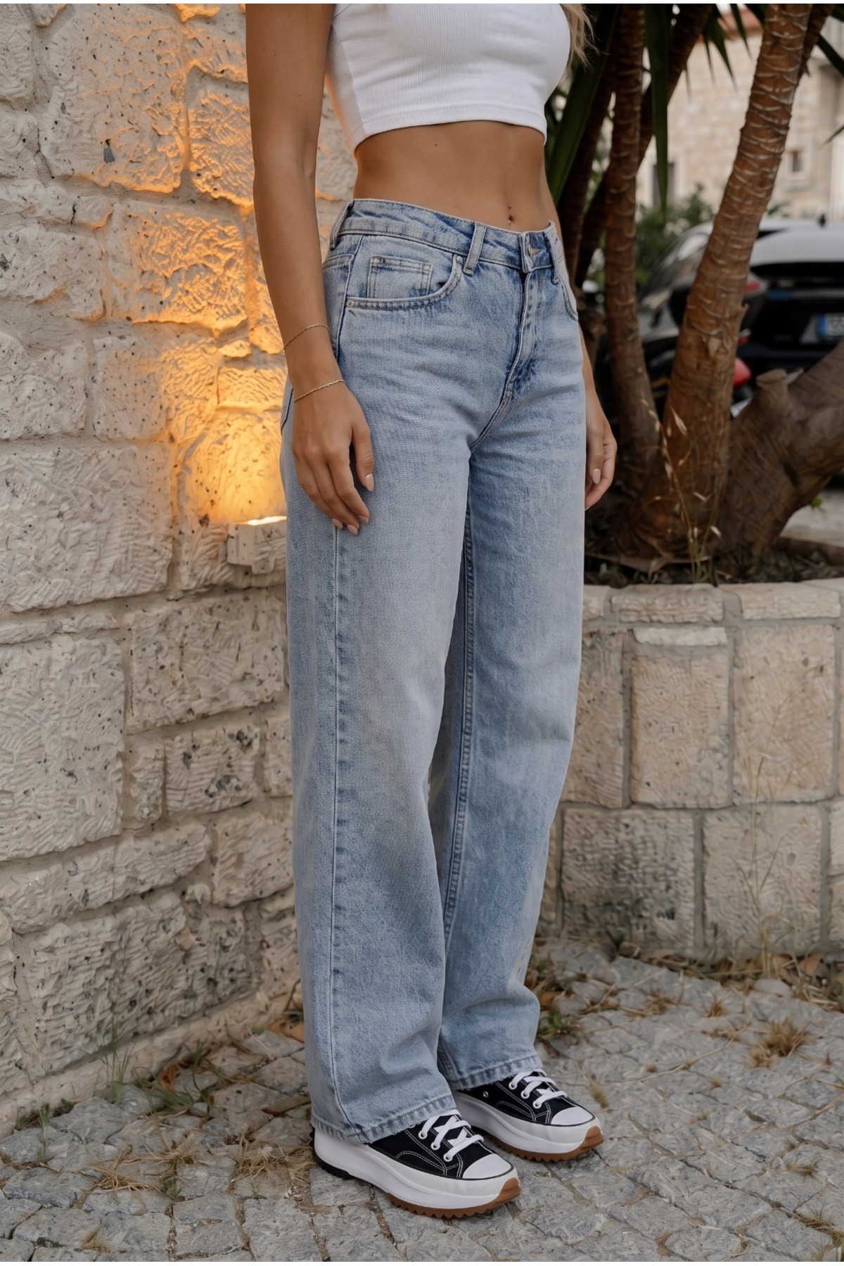 Kadın Vintage Efektli Yüksek Bel Esnek Wide Leg Jeans Mavi 6