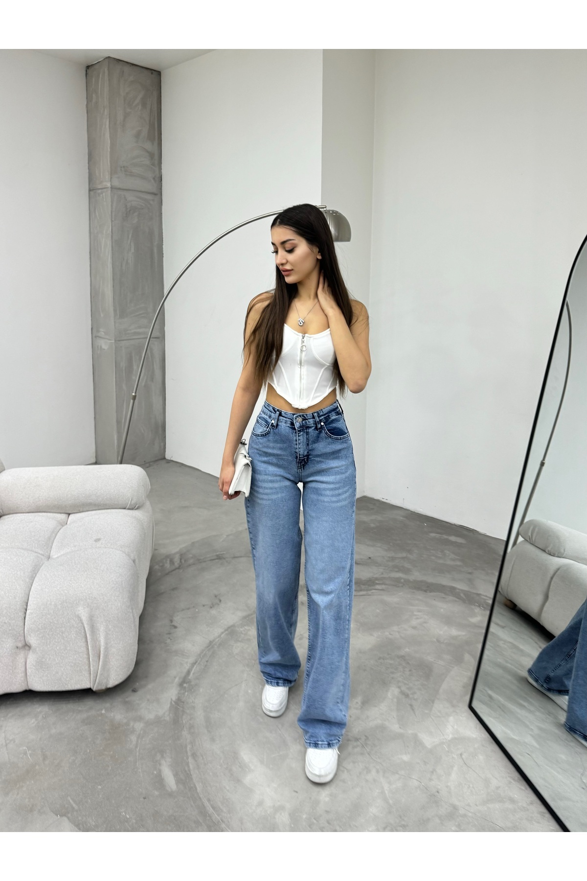Kadın Soluk Efekt Vintage Yüksek Bel Wide Leg Jeans Lacivert 6