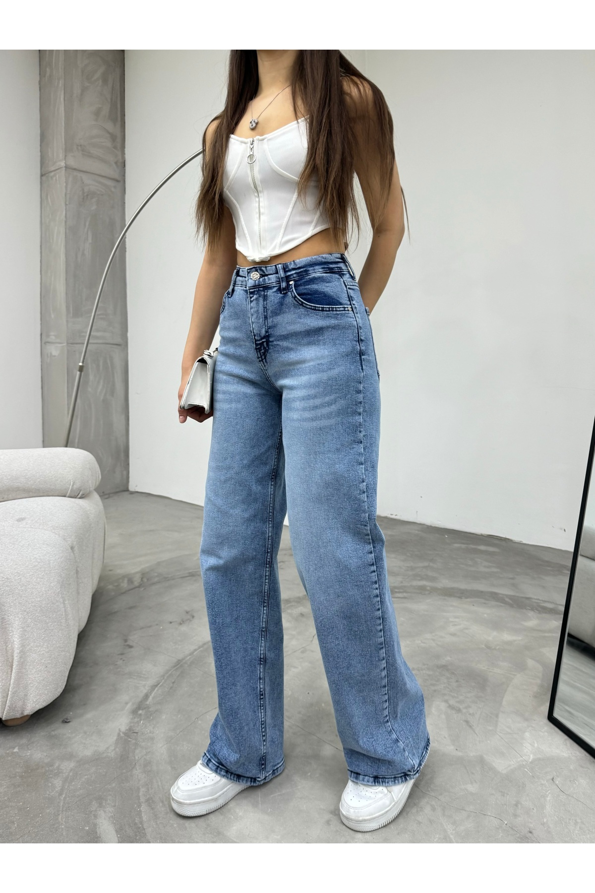 Kadın Soluk Efekt Vintage Yüksek Bel Wide Leg Jeans Lacivert 3
