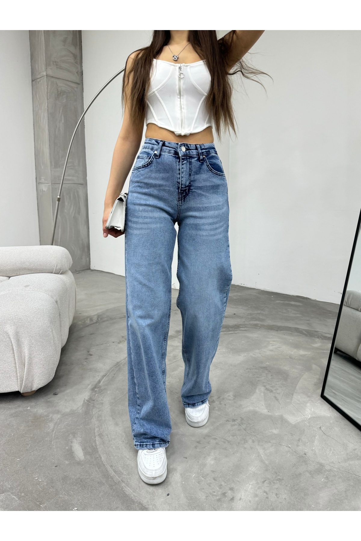 Kadın Soluk Efekt Vintage Yüksek Bel Wide Leg Jeans Lacivert 7