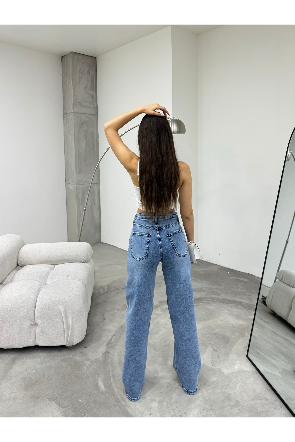 Kadın Soluk Efekt Vintage Yüksek Bel Wide Leg Jeans Lacivert 4