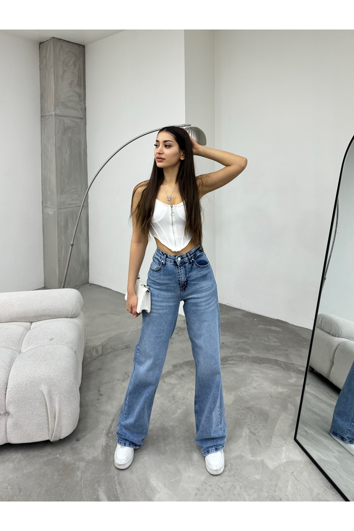 Kadın Soluk Efekt Vintage Yüksek Bel Wide Leg Jeans Lacivert 5