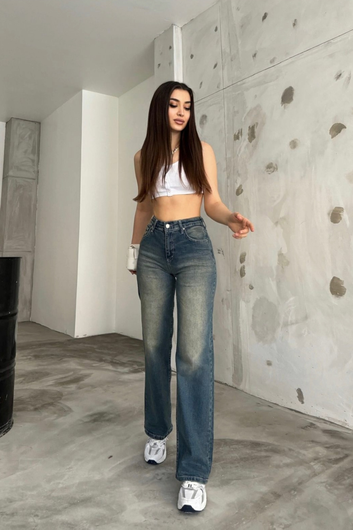 Kadın Soluk Efekt Vintage Yüksek Bel Wide Leg Jeans Mavi 7