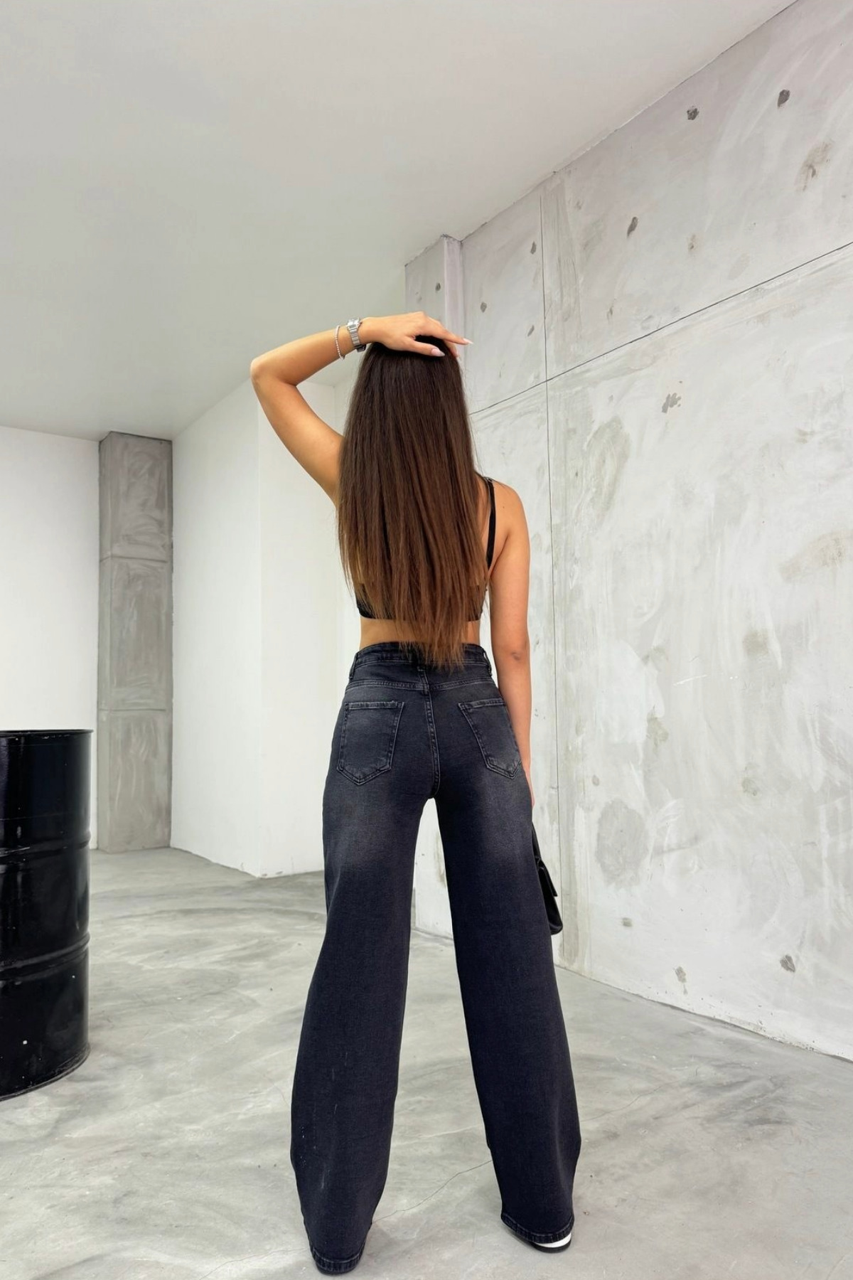 Kadın Soluk Efekt Vintage Yüksek Bel Wide Leg Jeans Siyah 5