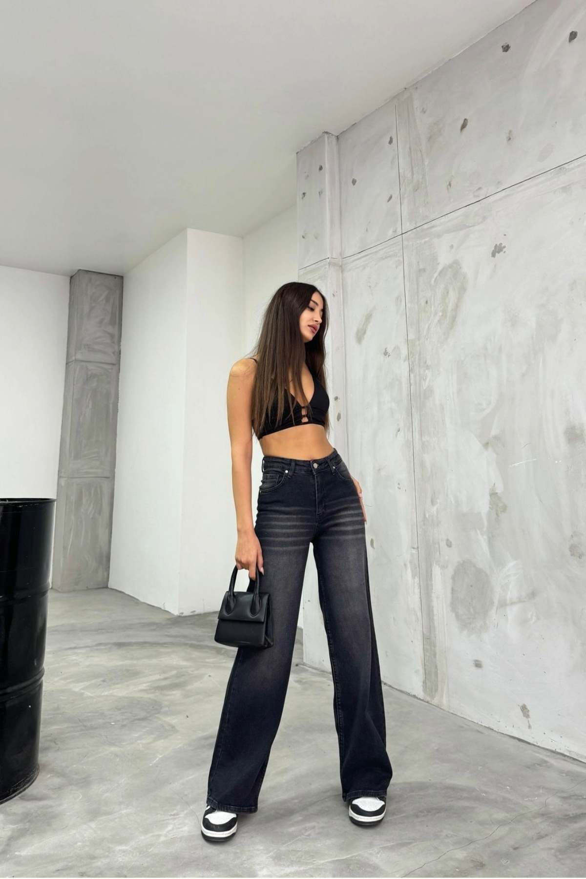 Kadın Soluk Efekt Vintage Yüksek Bel Wide Leg Jeans Siyah 6