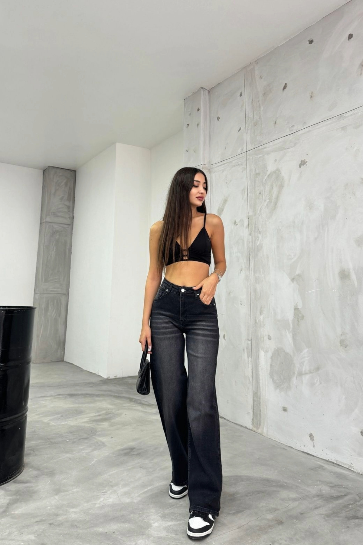 Kadın Soluk Efekt Vintage Yüksek Bel Wide Leg Jeans Siyah 8