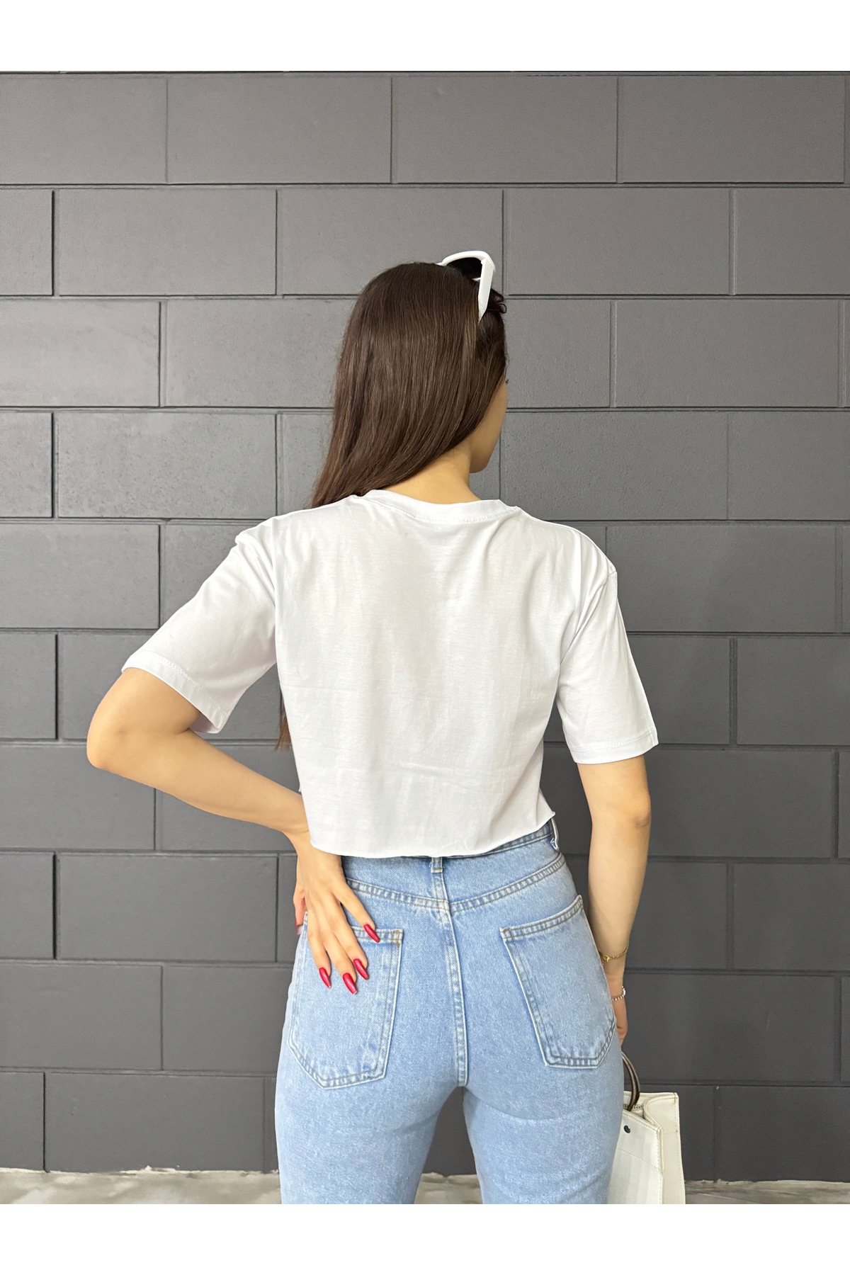 Kadın Oversize Crop T-Shirt Beyaz 3
