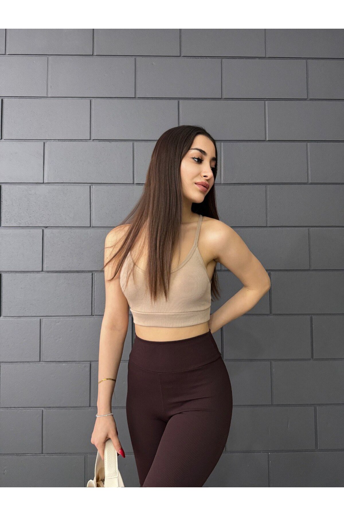 Kadın İp Askılı Fitilli Pedli Örme Crop Top Bluz Bej 6