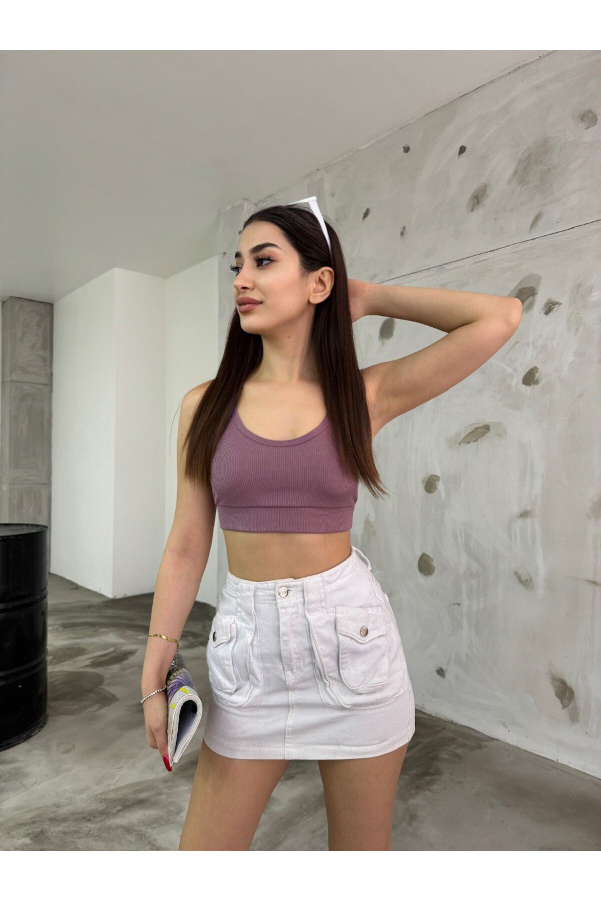 Kadın İp Askılı Fitilli Pedli Örme Crop Top Bluz Mor 7