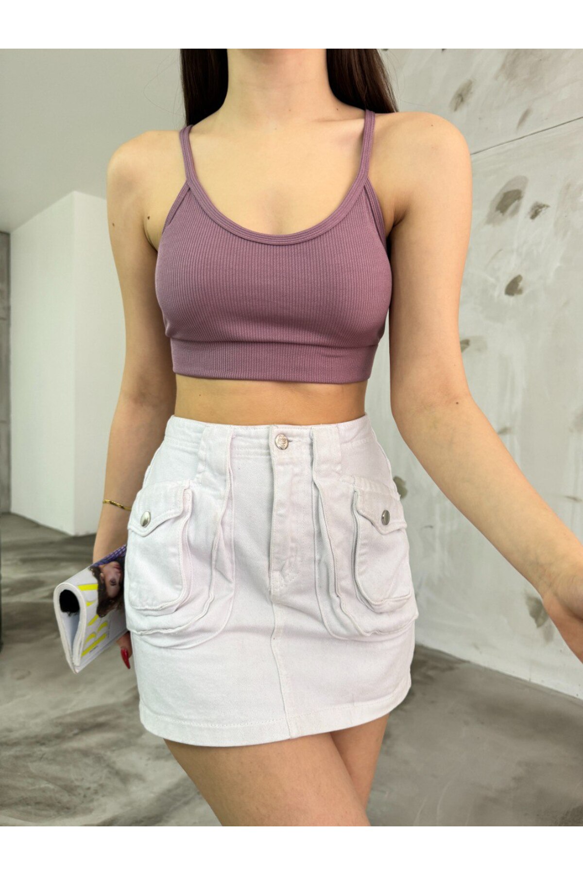Kadın İp Askılı Fitilli Pedli Örme Crop Top Bluz Mor 4