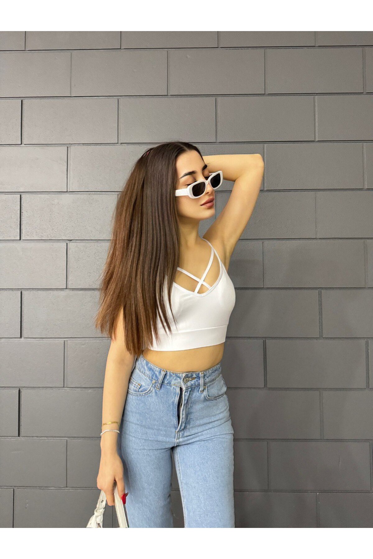 Kadın Önü çapraz İp Askılı Pedli Crop Top Büstiyer Beyaz 6