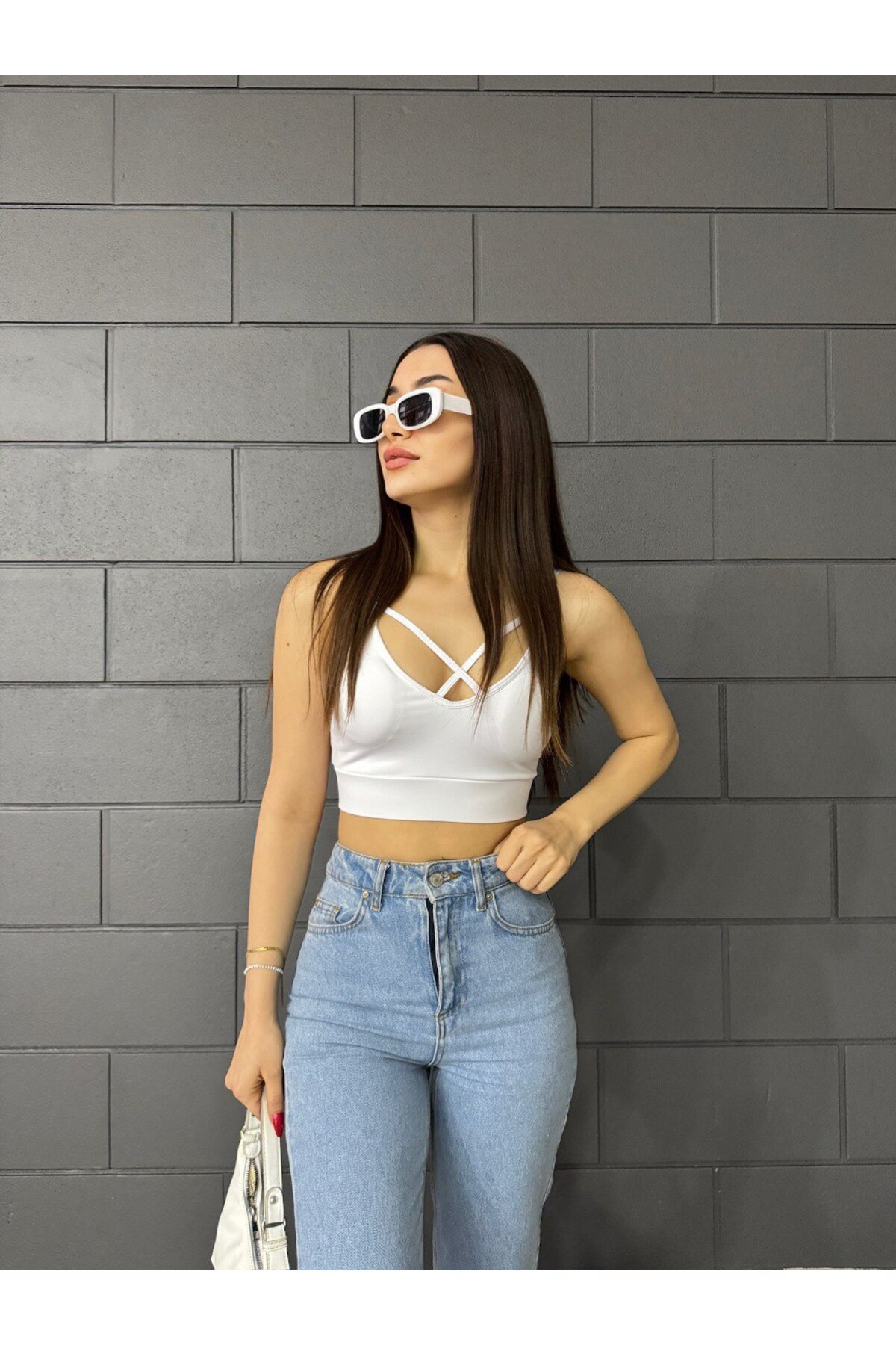Kadın Önü çapraz İp Askılı Pedli Crop Top Büstiyer Beyaz 7