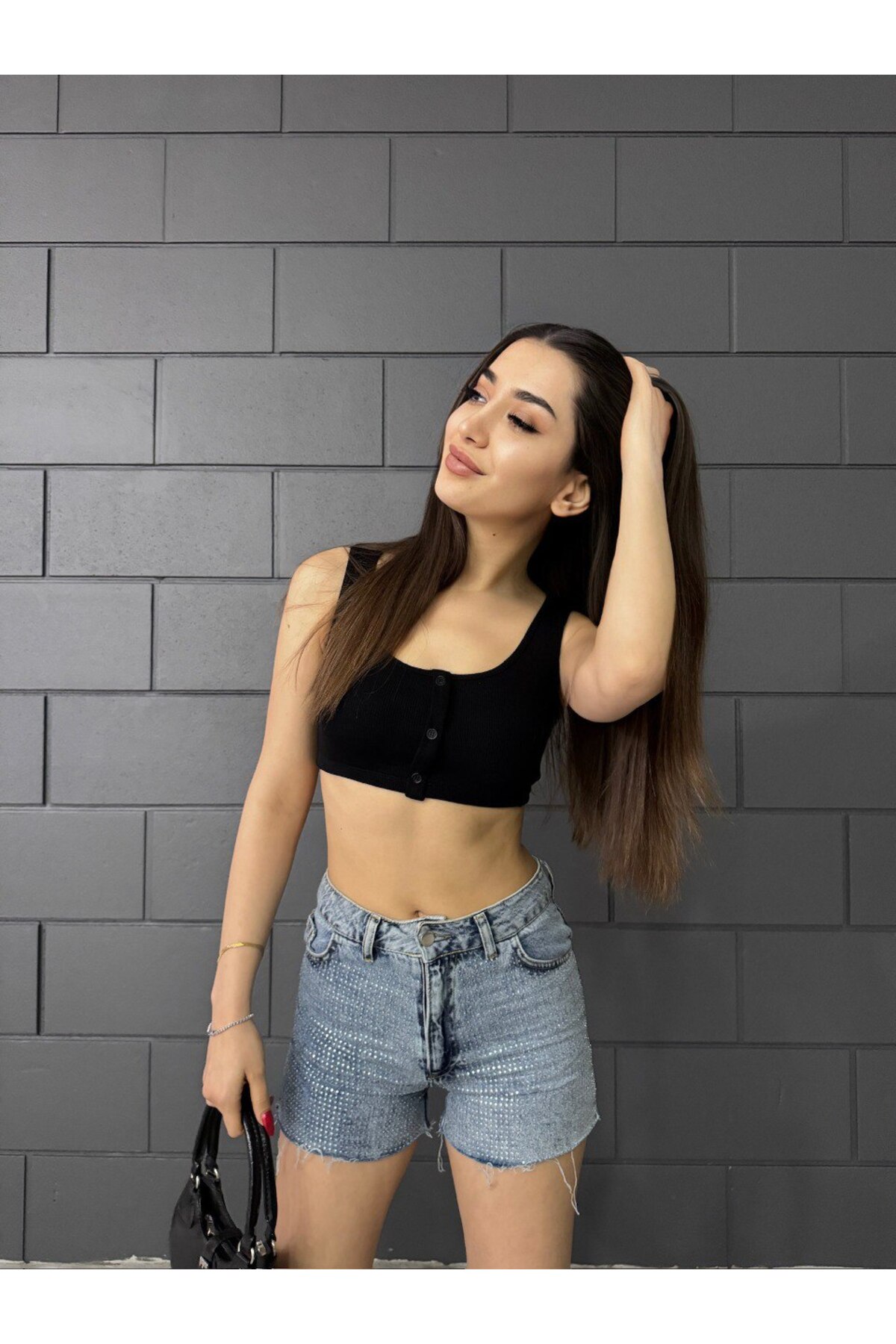 Kadın Kalın Askılı Düğme Detaylı Crop Top Büstiyer Siyah 7
