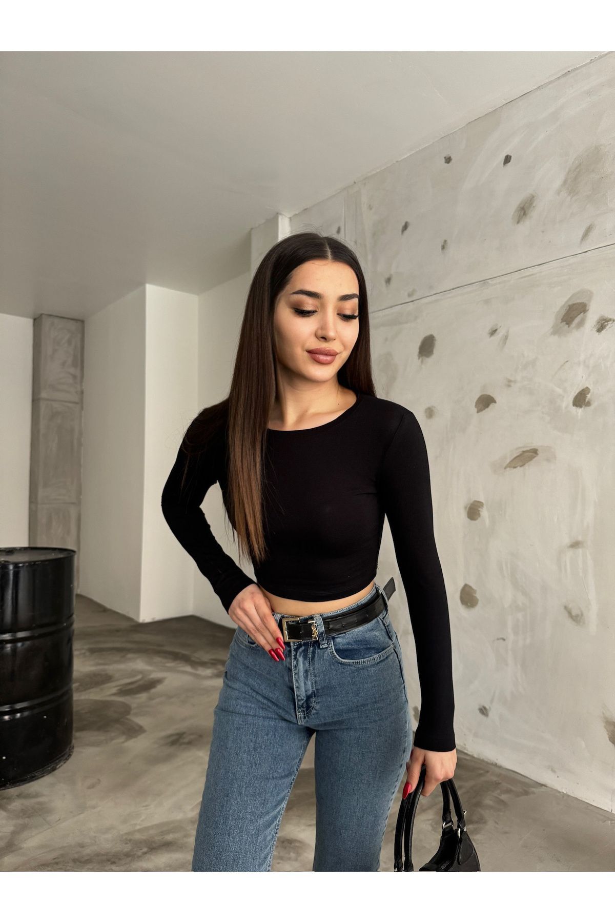 Kadın Bisiklet Yaka Uzun Kollu Fitted/Vücuda Oturan Bluz Siyah 6