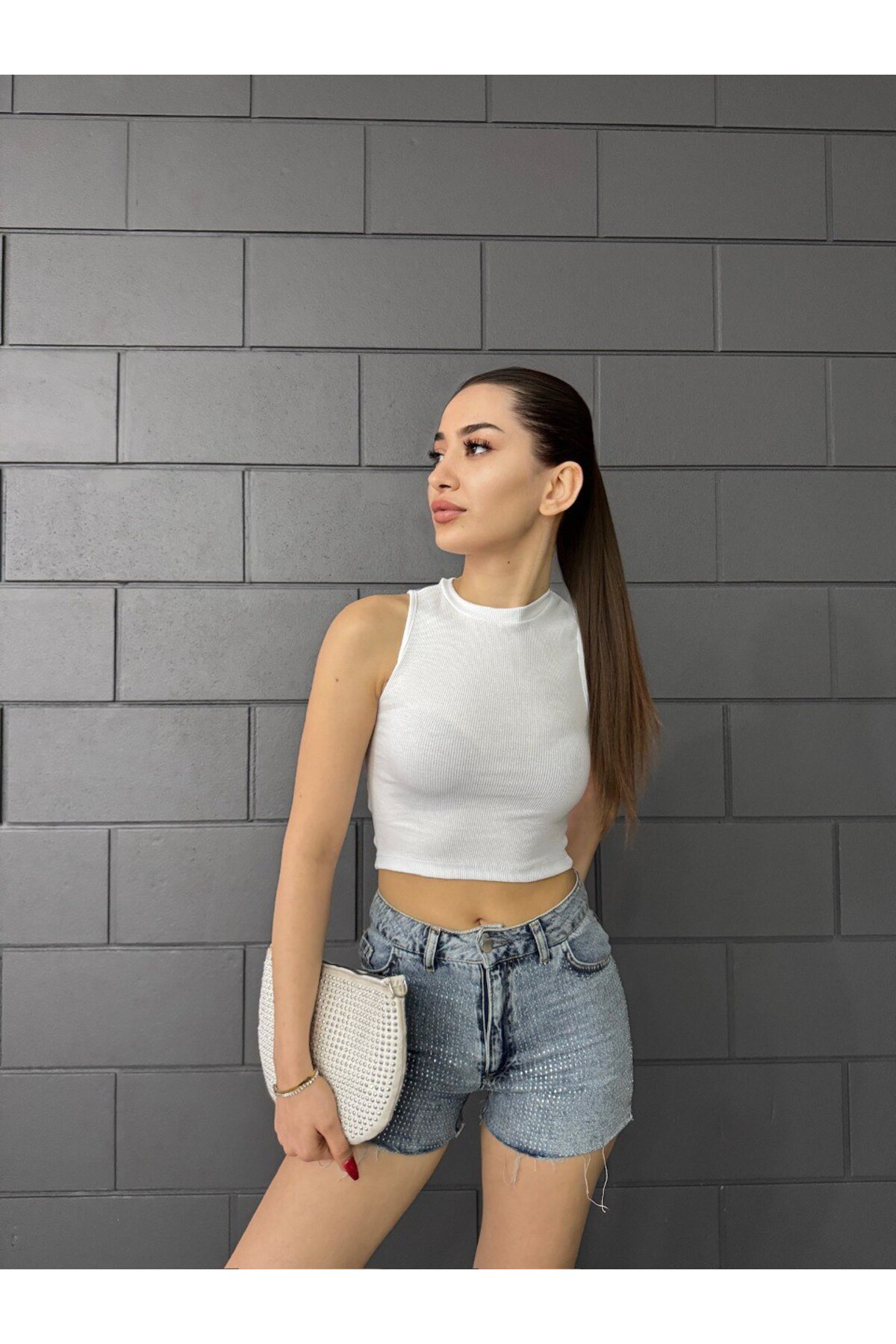 Kadın Fitilli Bisiklet Yaka Arka Pencere Detaylı Fitted/Vücuda Oturan Crop Top Bluz Beyaz 7