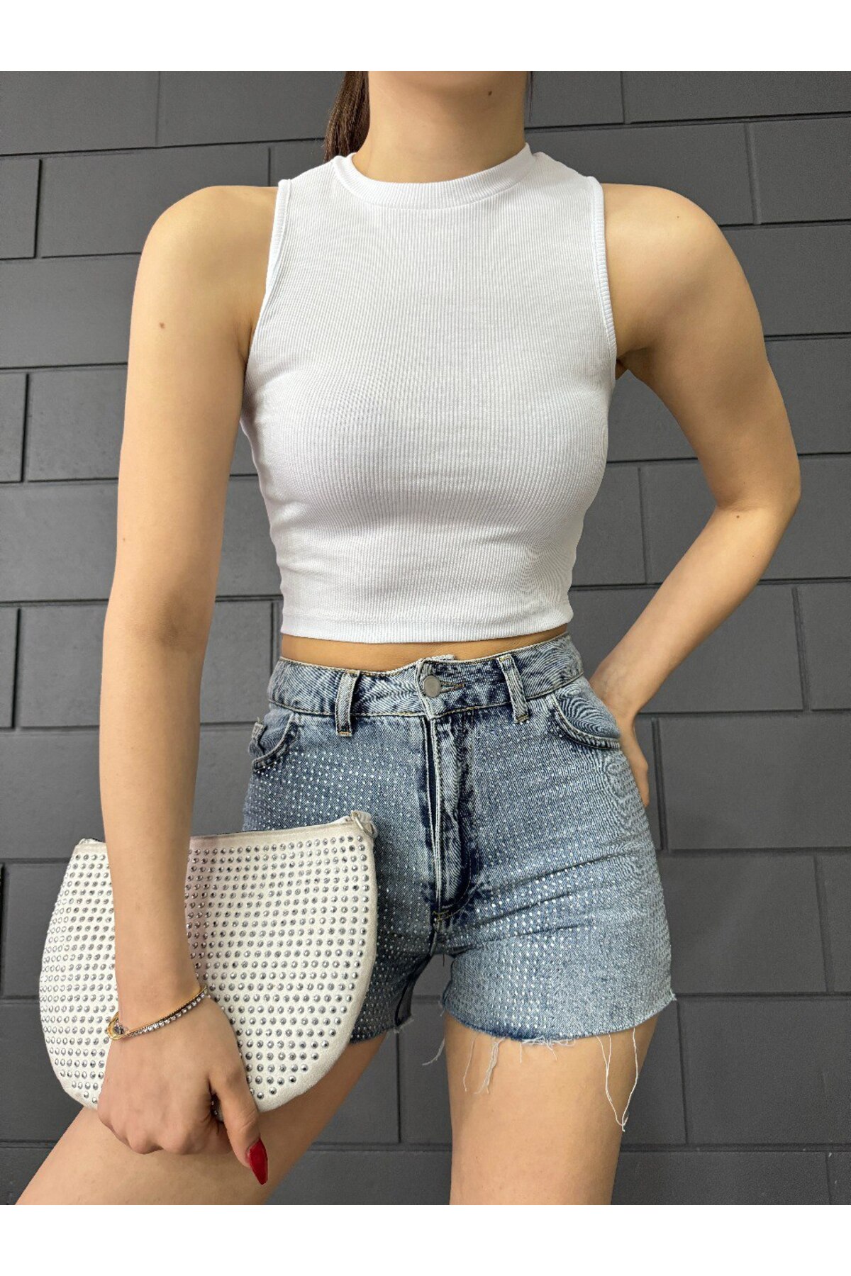 Kadın Fitilli Bisiklet Yaka Arka Pencere Detaylı Fitted/Vücuda Oturan Crop Top Bluz Beyaz 5