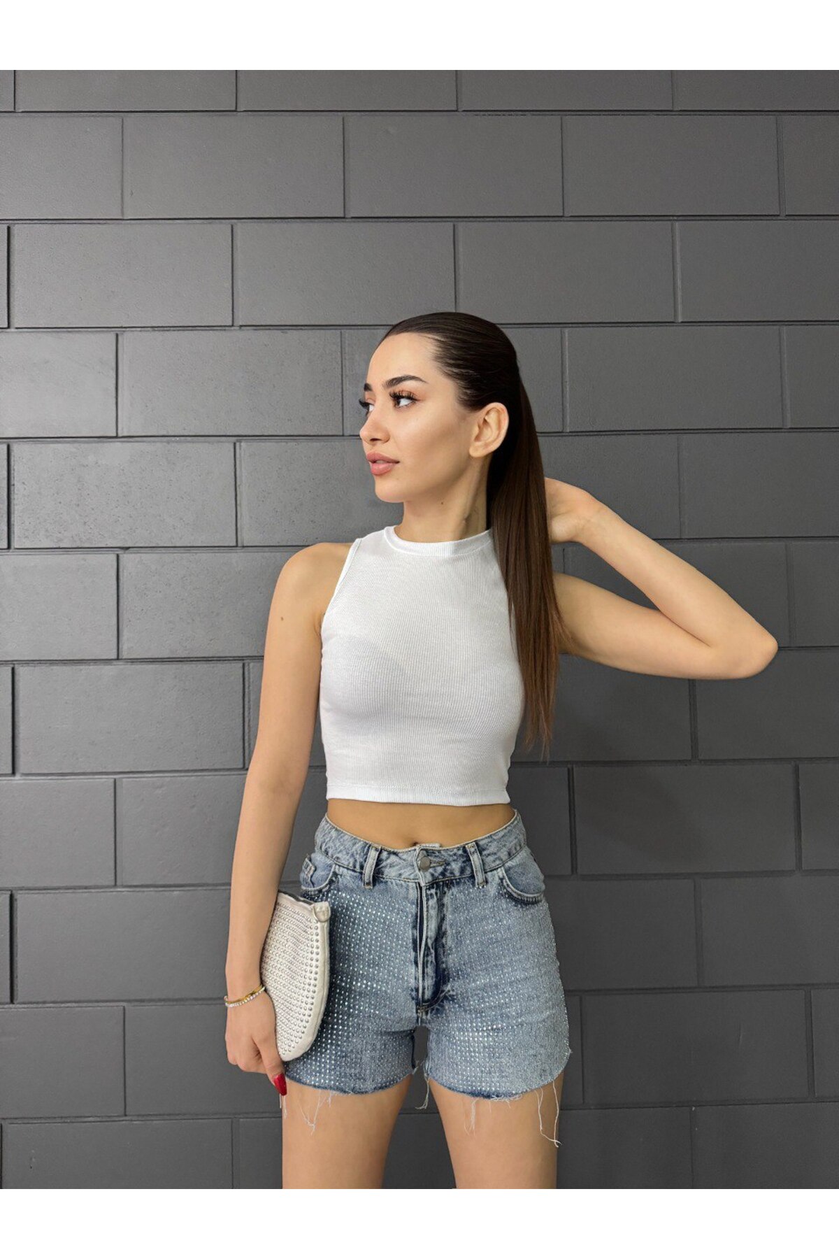 Kadın Fitilli Bisiklet Yaka Arka Pencere Detaylı Fitted/Vücuda Oturan Crop Top Bluz Beyaz 6