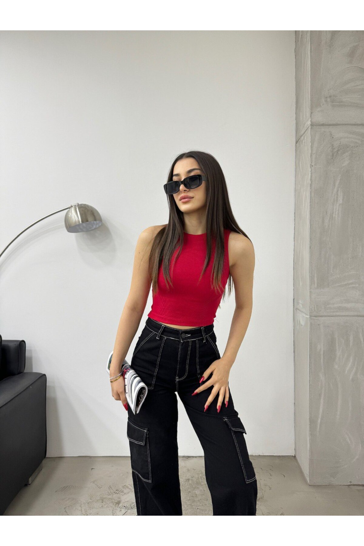 Kadın Fitilli Bisiklet Yaka Arka Pencere Detaylı Fitted/Vücuda Oturan Crop Top Bluz Kırmızı 6