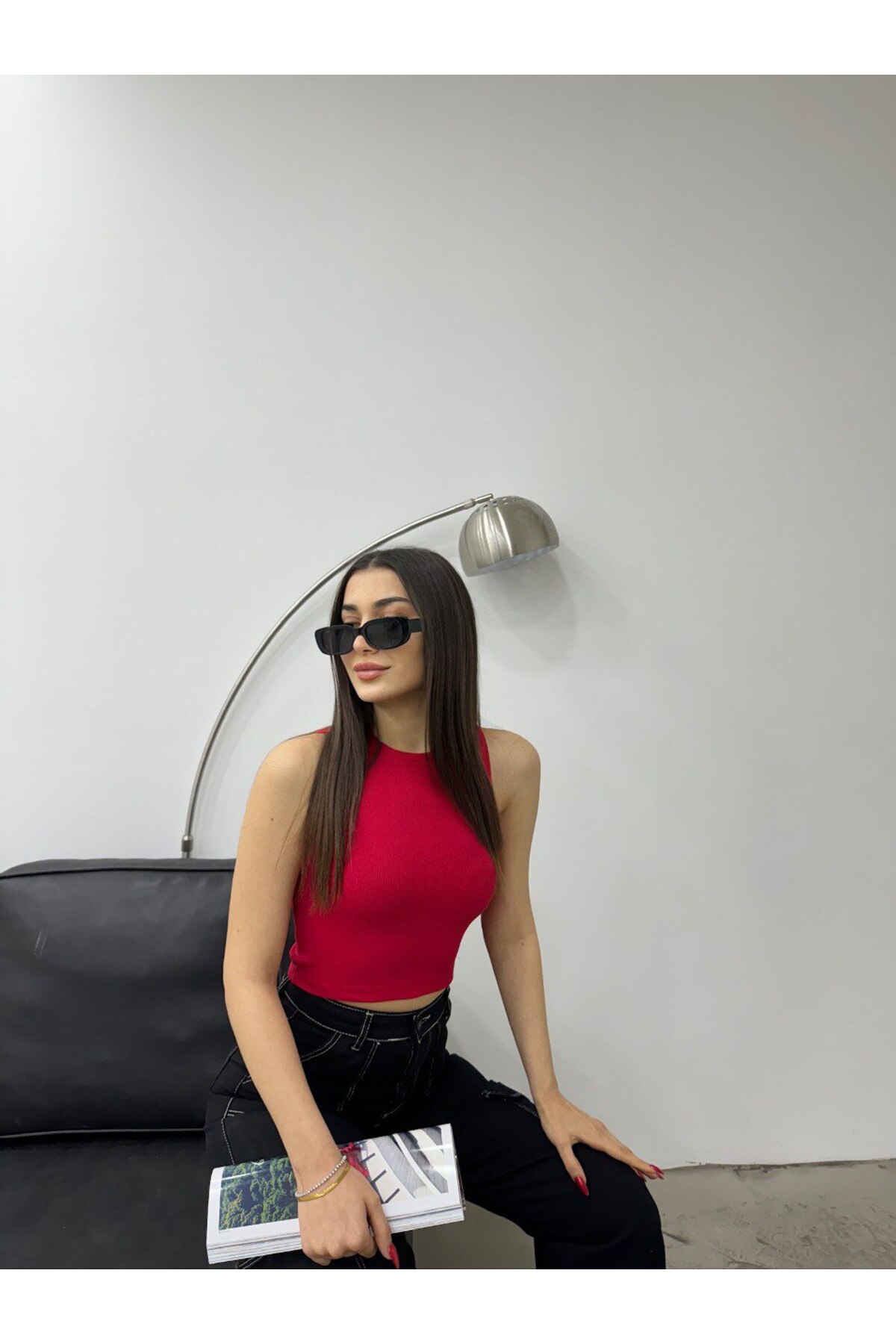 Kadın Fitilli Bisiklet Yaka Arka Pencere Detaylı Fitted/Vücuda Oturan Crop Top Bluz Kırmızı 7