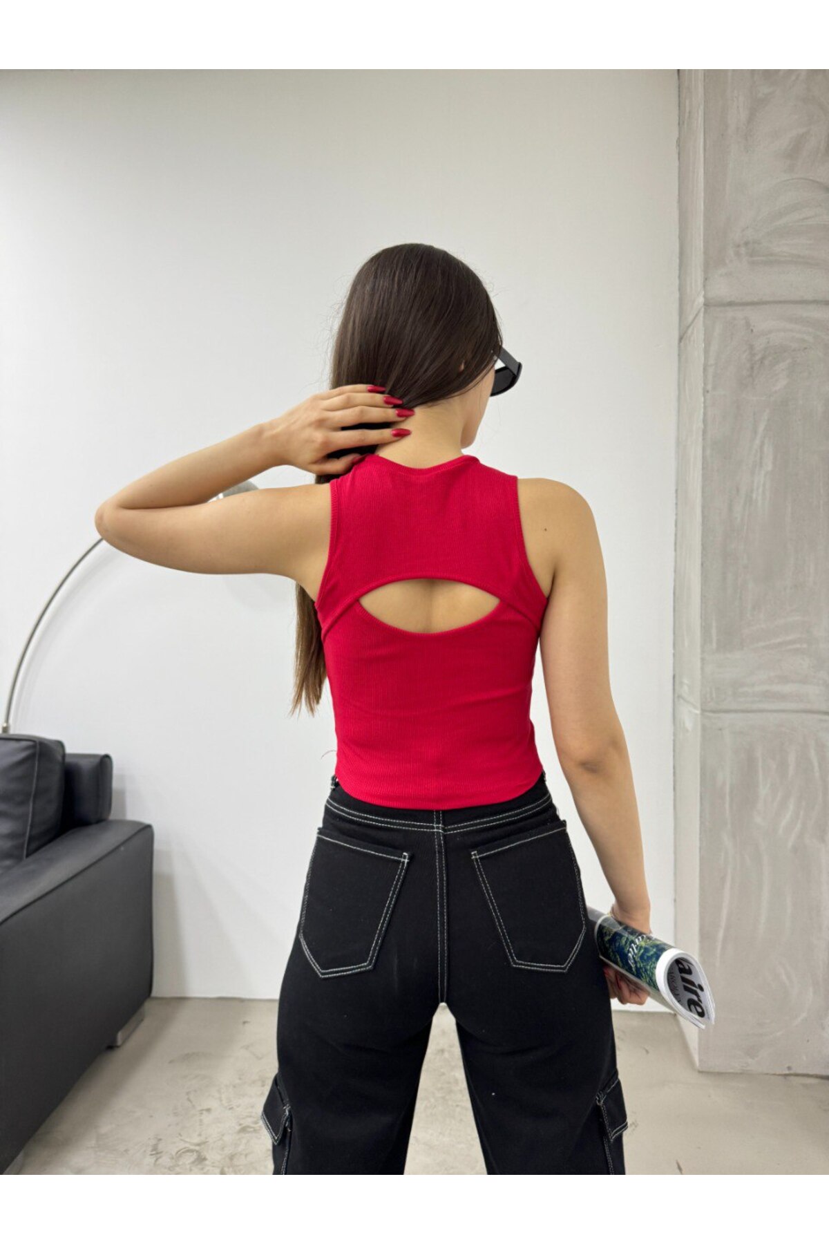 Kadın Fitilli Bisiklet Yaka Arka Pencere Detaylı Fitted/Vücuda Oturan Crop Top Bluz Kırmızı 3