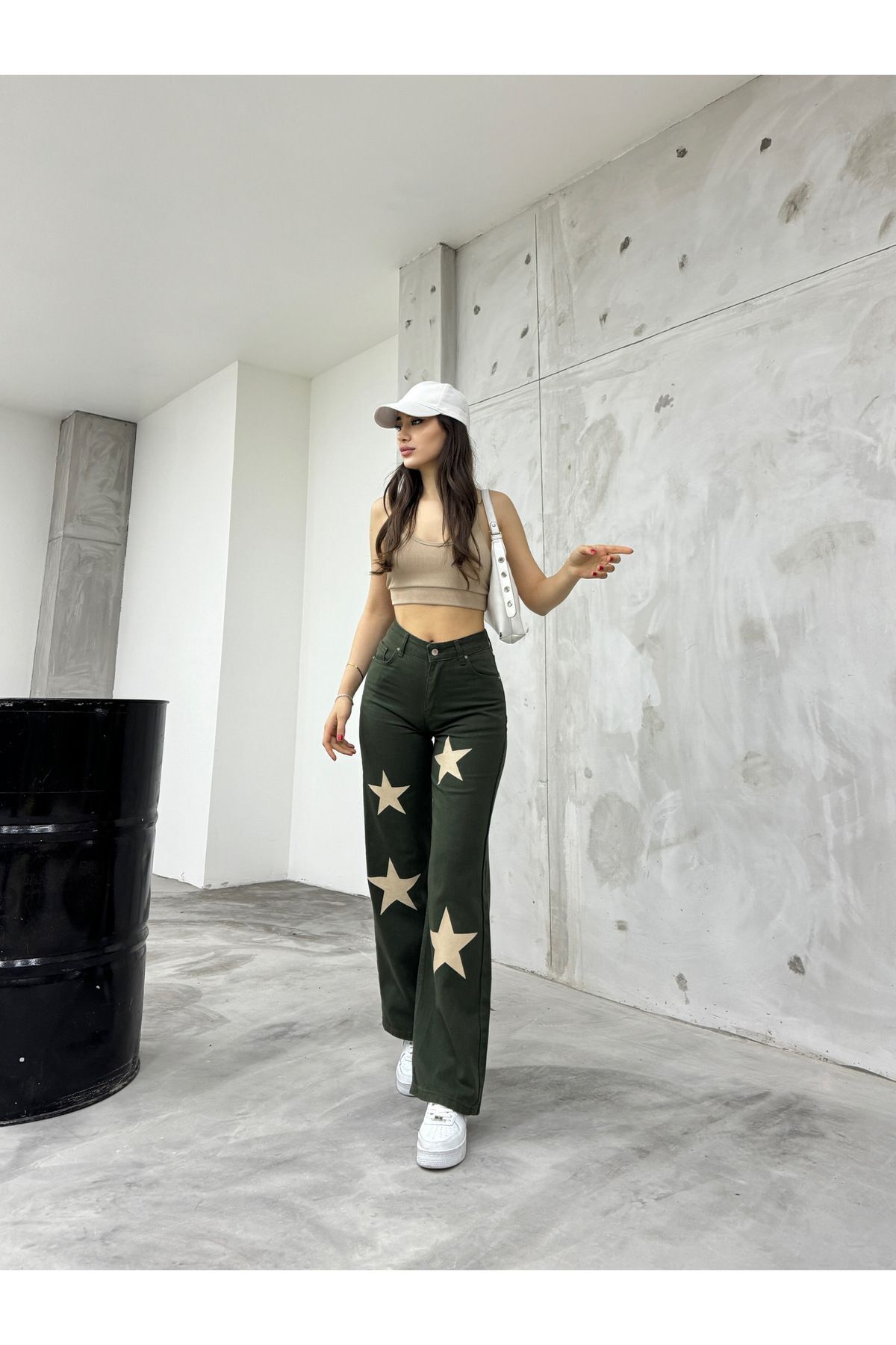 Flocked Star Yıldız Baskılı Geniş Paça  Straight fit Wide Leg Jean HAKİ 5