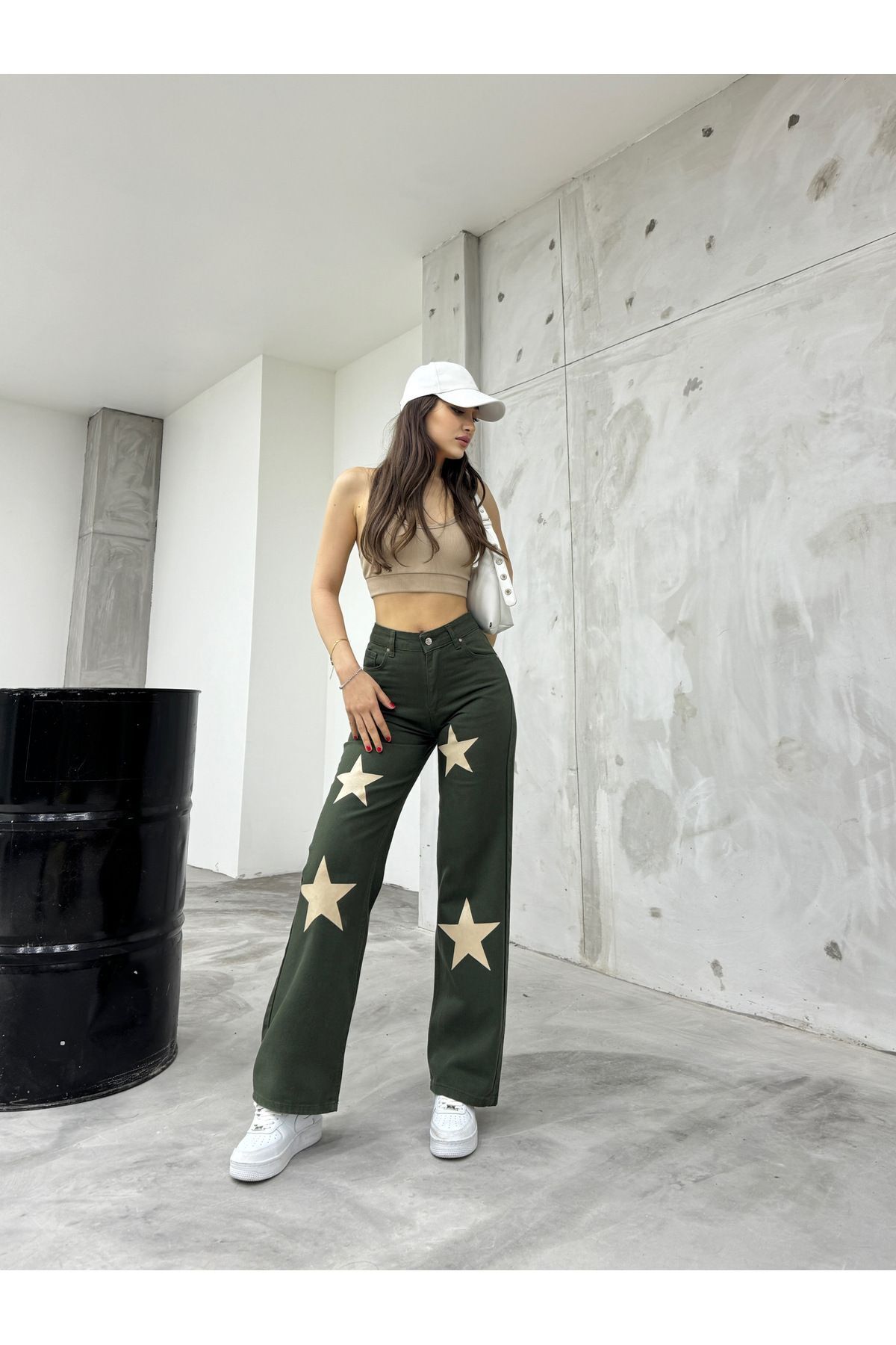 Flocked Star Yıldız Baskılı Geniş Paça  Straight fit Wide Leg Jean HAKİ 6