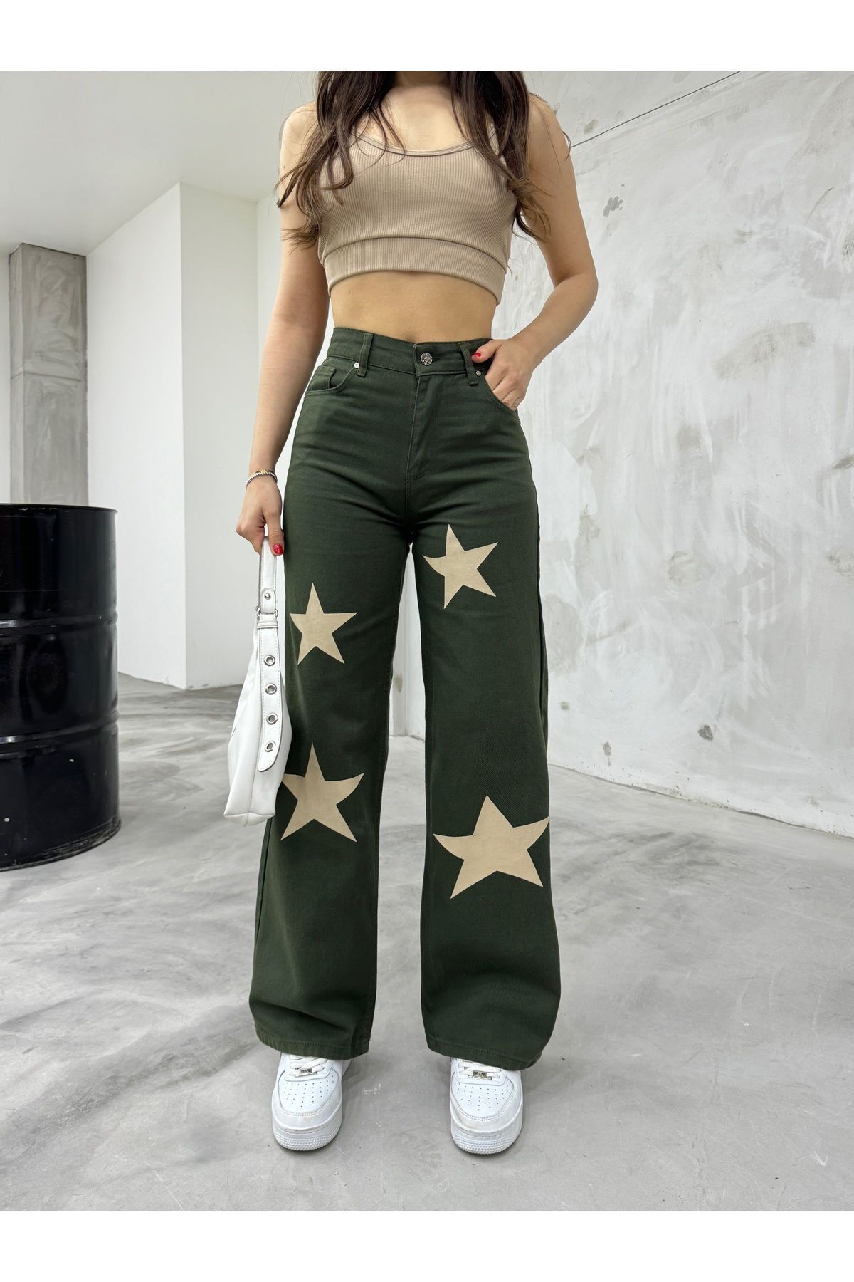 Flocked Star Yıldız Baskılı Geniş Paça  Straight fit Wide Leg Jean HAKİ 4