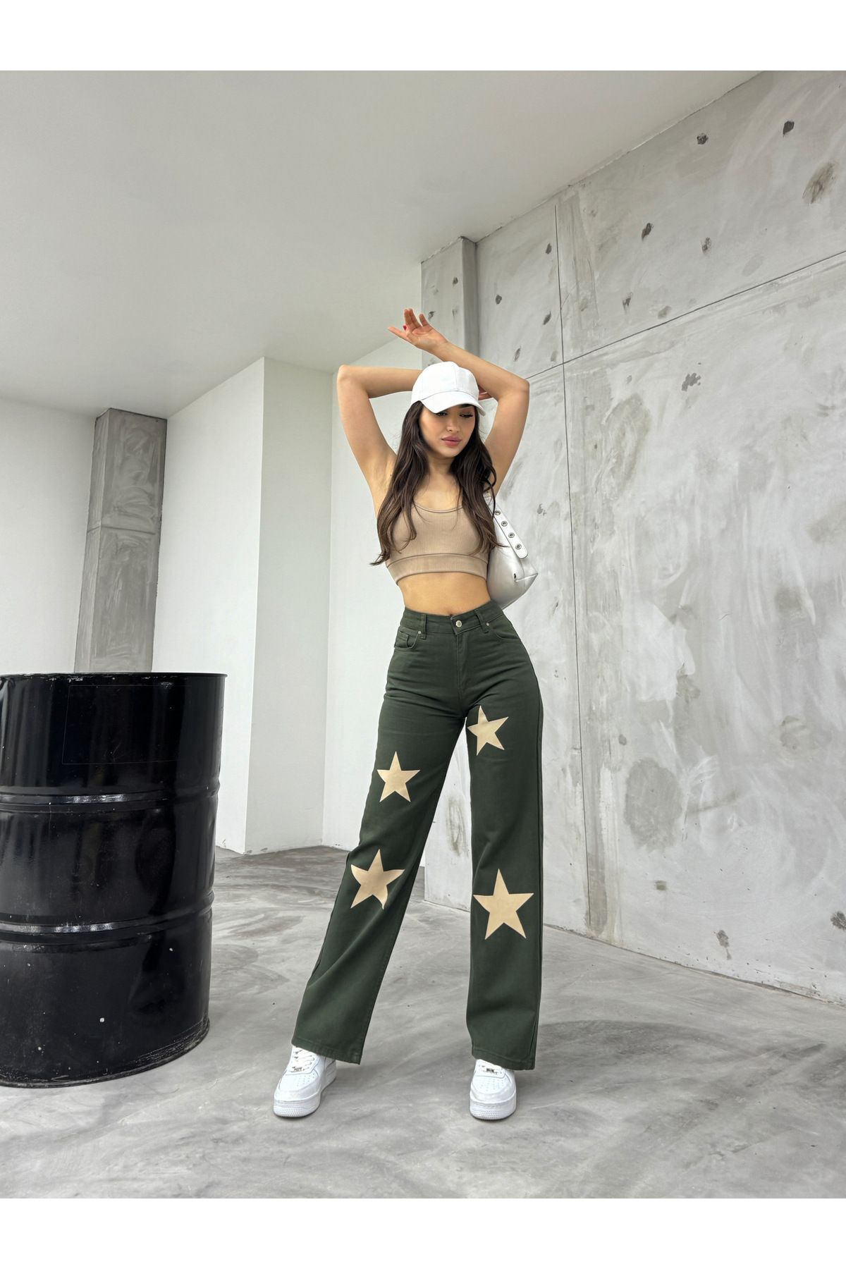 Flocked Star Yıldız Baskılı Geniş Paça  Straight fit Wide Leg Jean HAKİ 7
