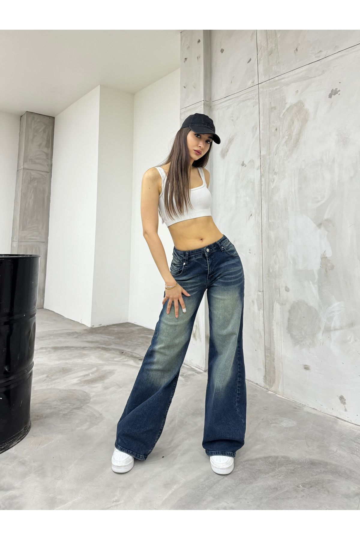 Kadın Bol Kesim Soluk Efekt Straight Fit Baggy Jean Lacivert 5